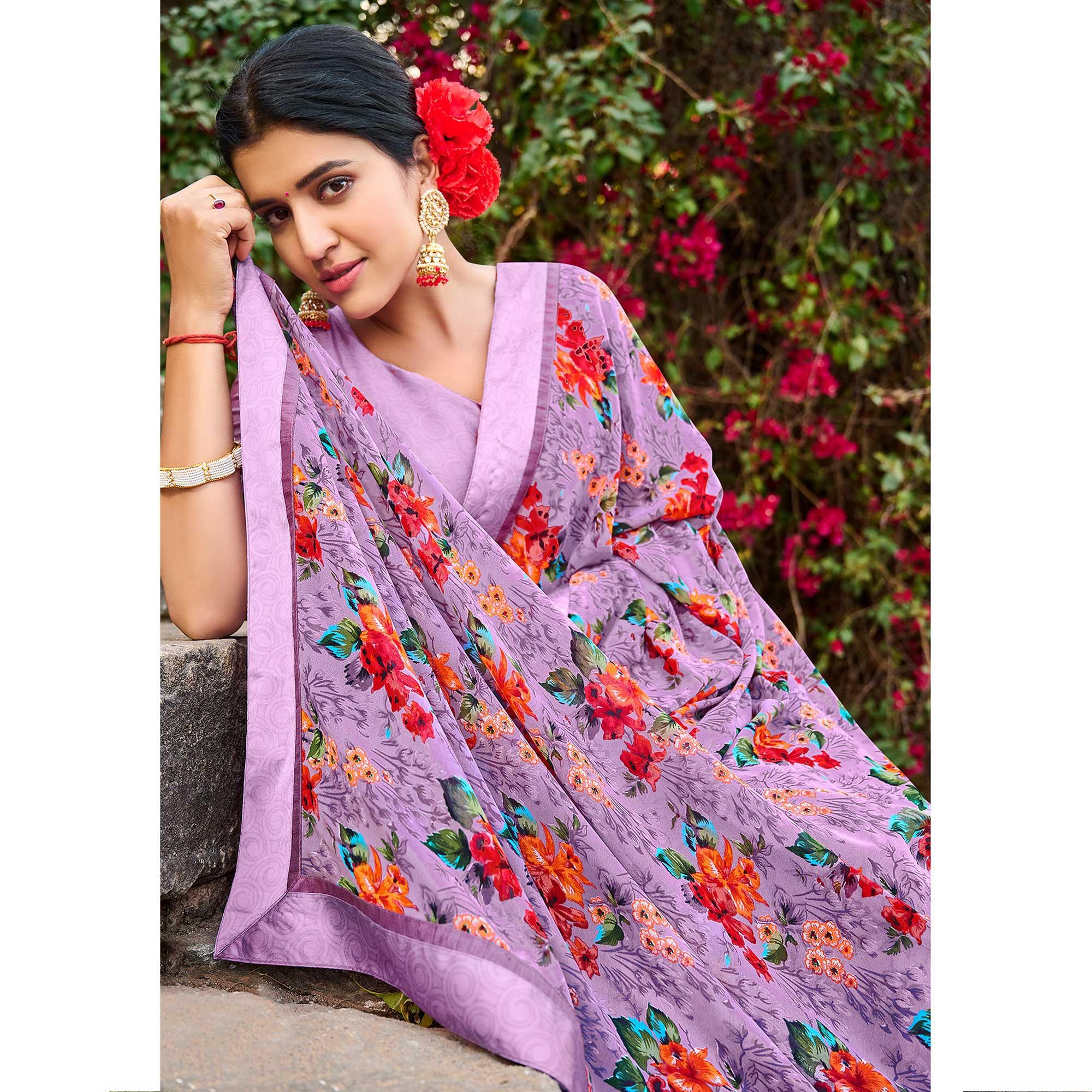 Purple Foil Printed Georgette Saree - Peachmode