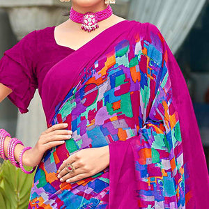 Purple Geometric Printed Chiffon Saree - Peachmode