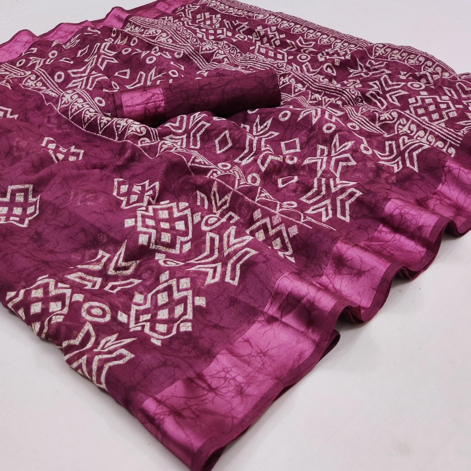 Purple Geometric Printed Linen Saree - Peachmode