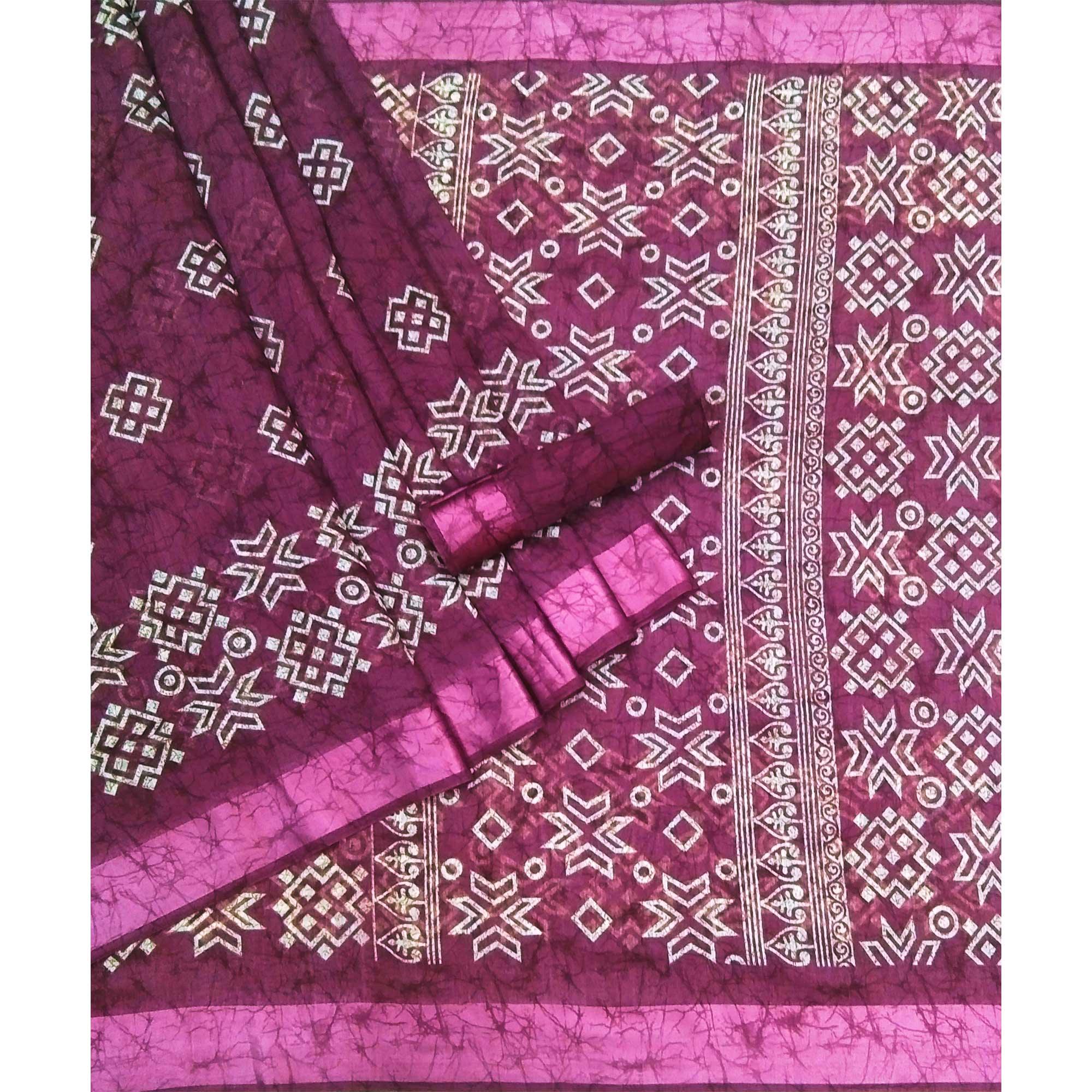Purple Geometric Printed Linen Saree - Peachmode
