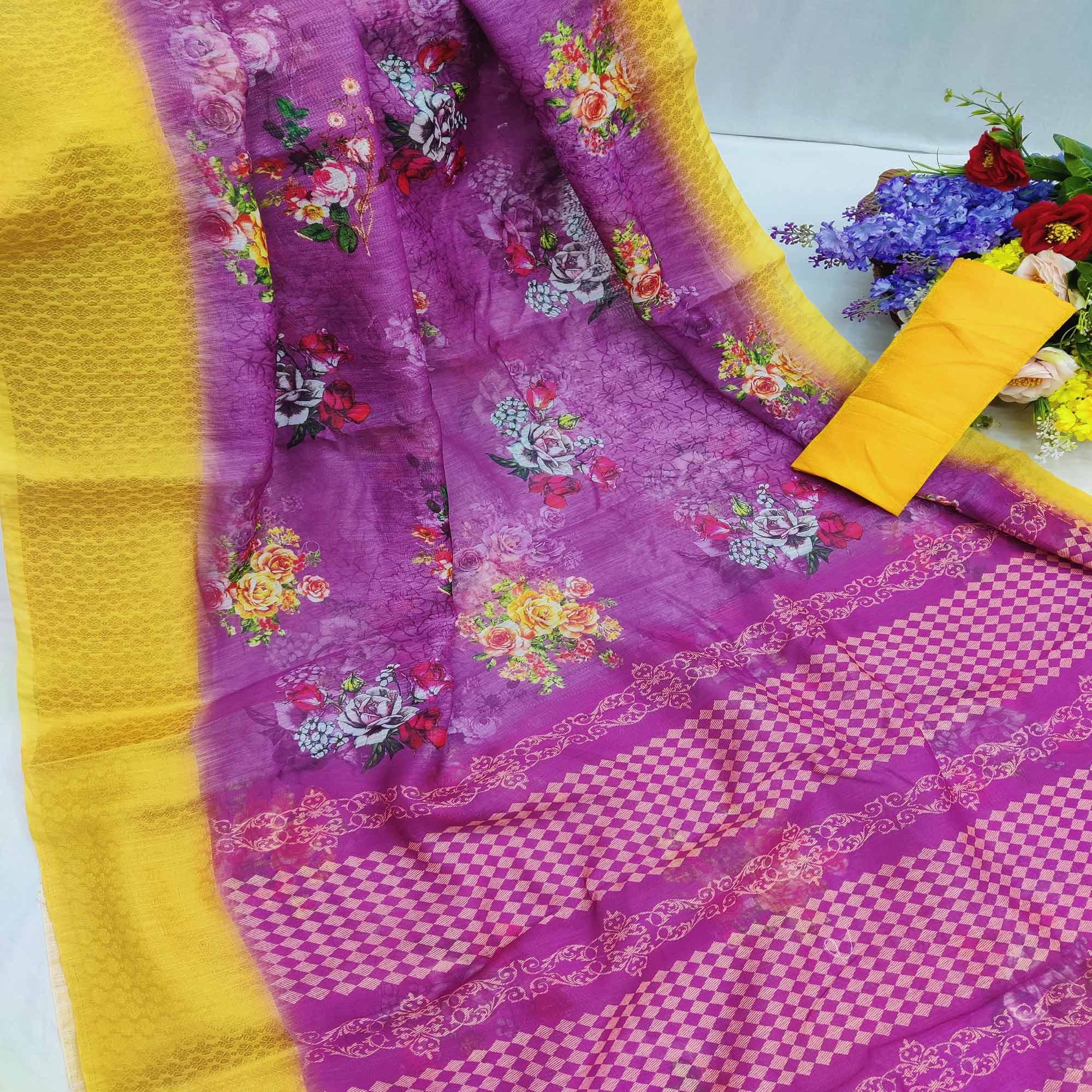 Purple-Gold Festive Wear Floral Digital Printed With Woven Zari Border Cotton Saree - Peachmode