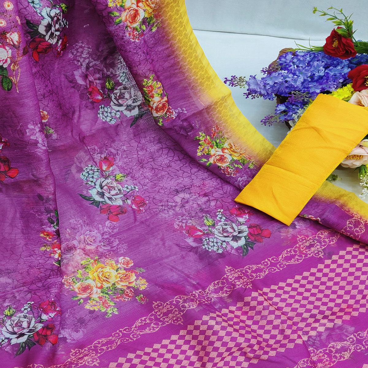 Purple-Gold Festive Wear Floral Digital Printed With Woven Zari Border Cotton Saree - Peachmode