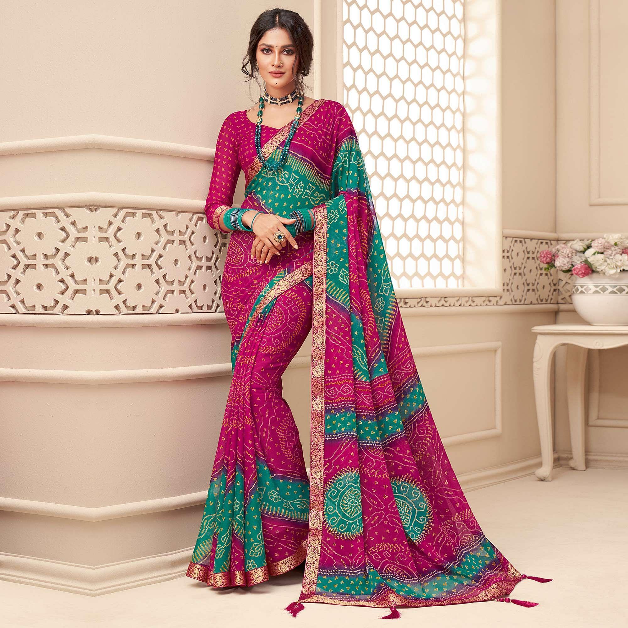 Purple-Green Casual Wear Bandhani Printed Chiffon Saree With Tassels - Peachmode