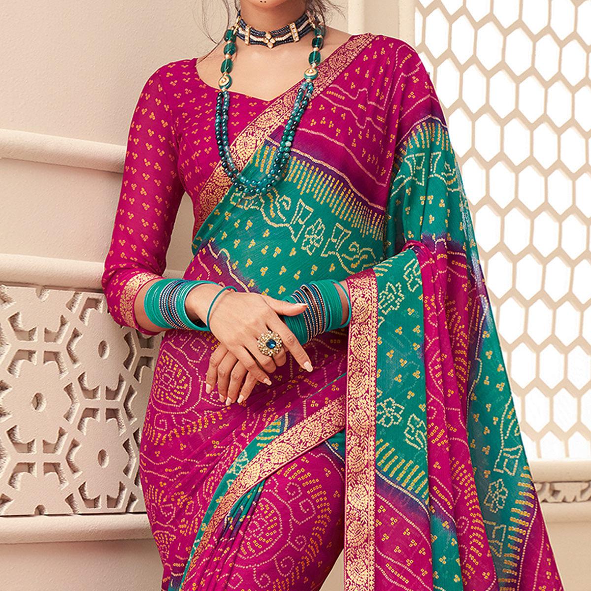 Purple-Green Casual Wear Bandhani Printed Chiffon Saree With Tassels - Peachmode