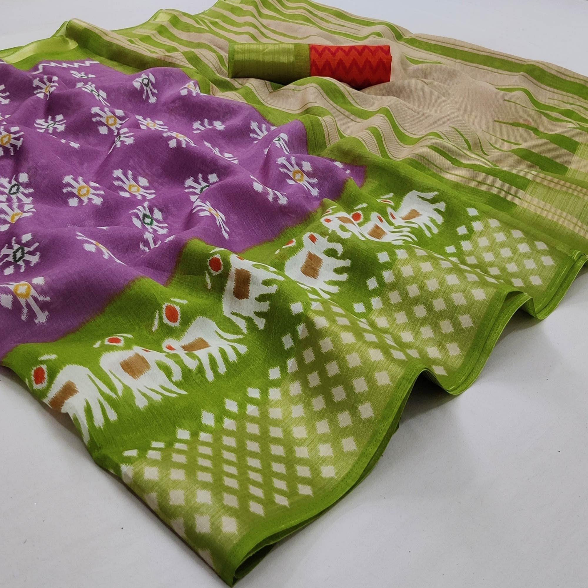 Purple-Green Casual Wear Printed Cotton Saree With Jari Border - Peachmode