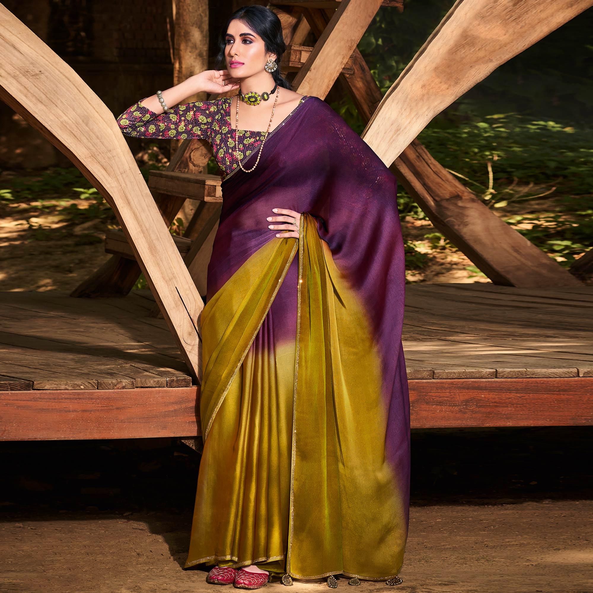Purple-Green Solid Chiffon Saree - Peachmode
