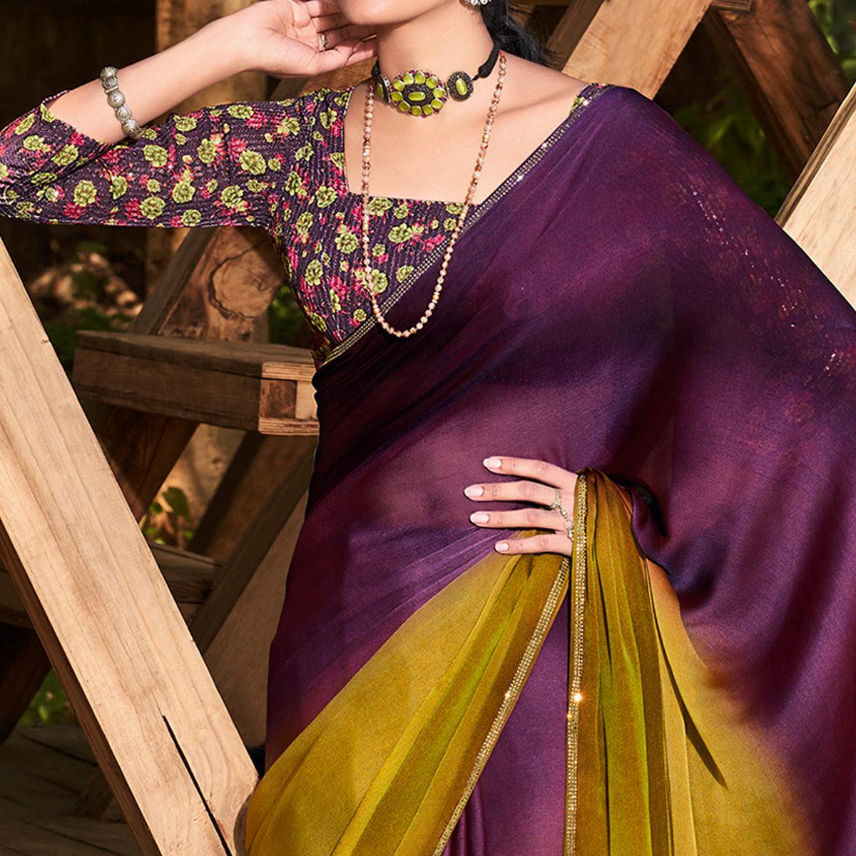 Purple-Green Solid Chiffon Saree - Peachmode