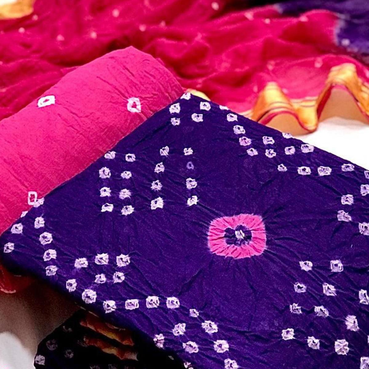 Purple Hand Bandhani Printed Pure Cotton Dress Material - Peachmode