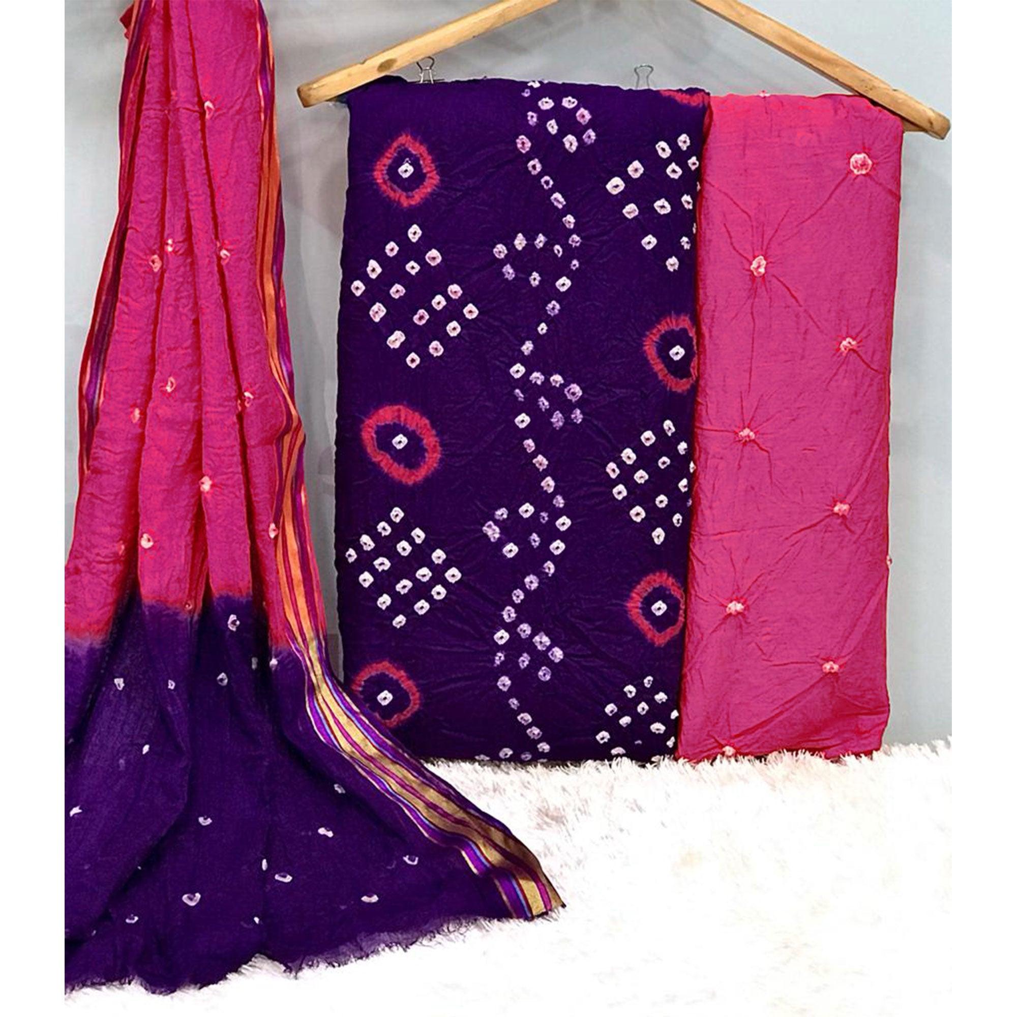 Purple Hand Bandhani Printed Pure Cotton Dress Material - Peachmode