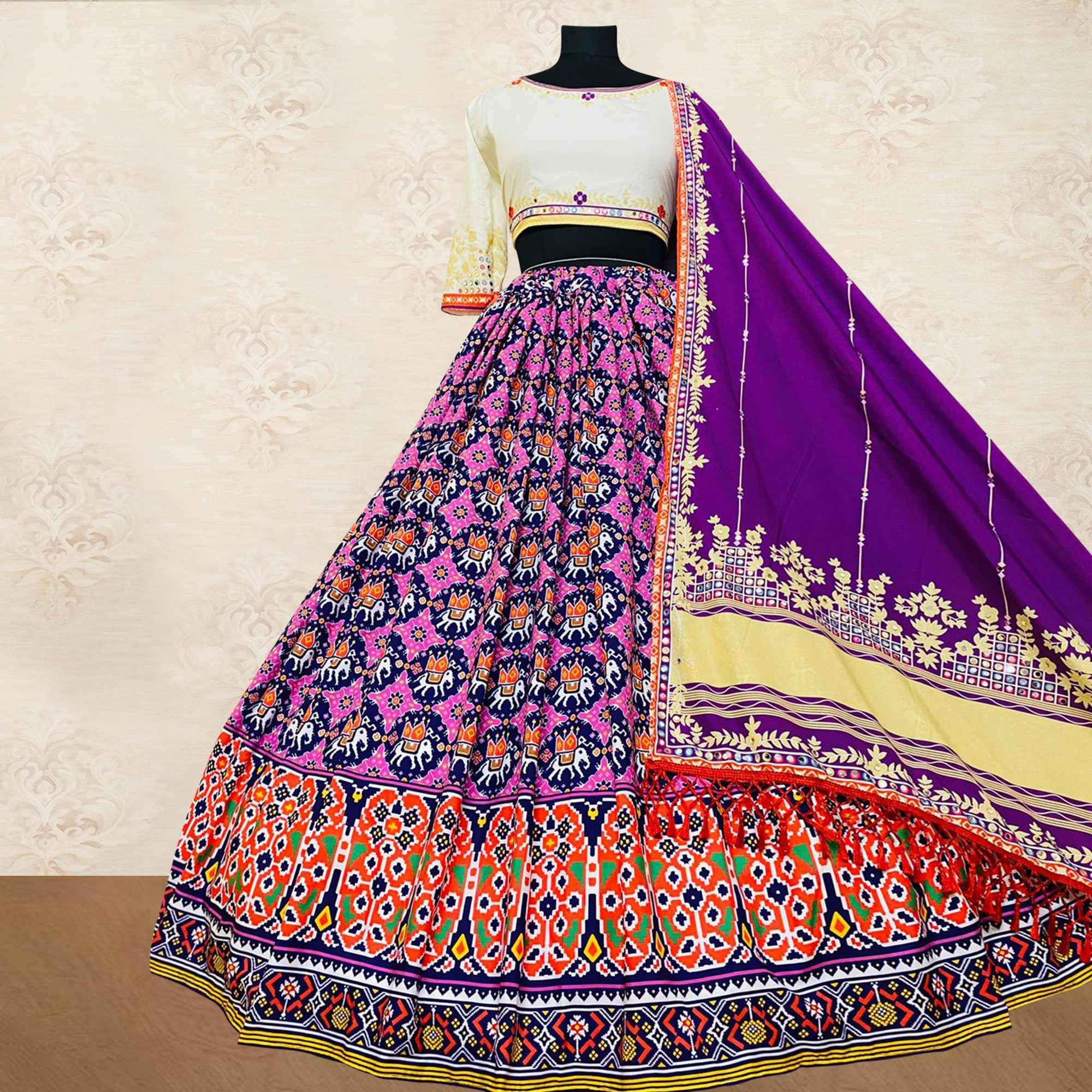 Purple Kalamkari Digital Printed Satin Lehenga Choli - Peachmode