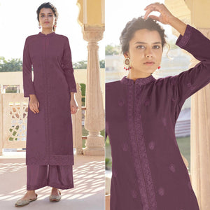 Purple Lucknowi Embroidered Georgette Kurti Palazzo Set - Peachmode