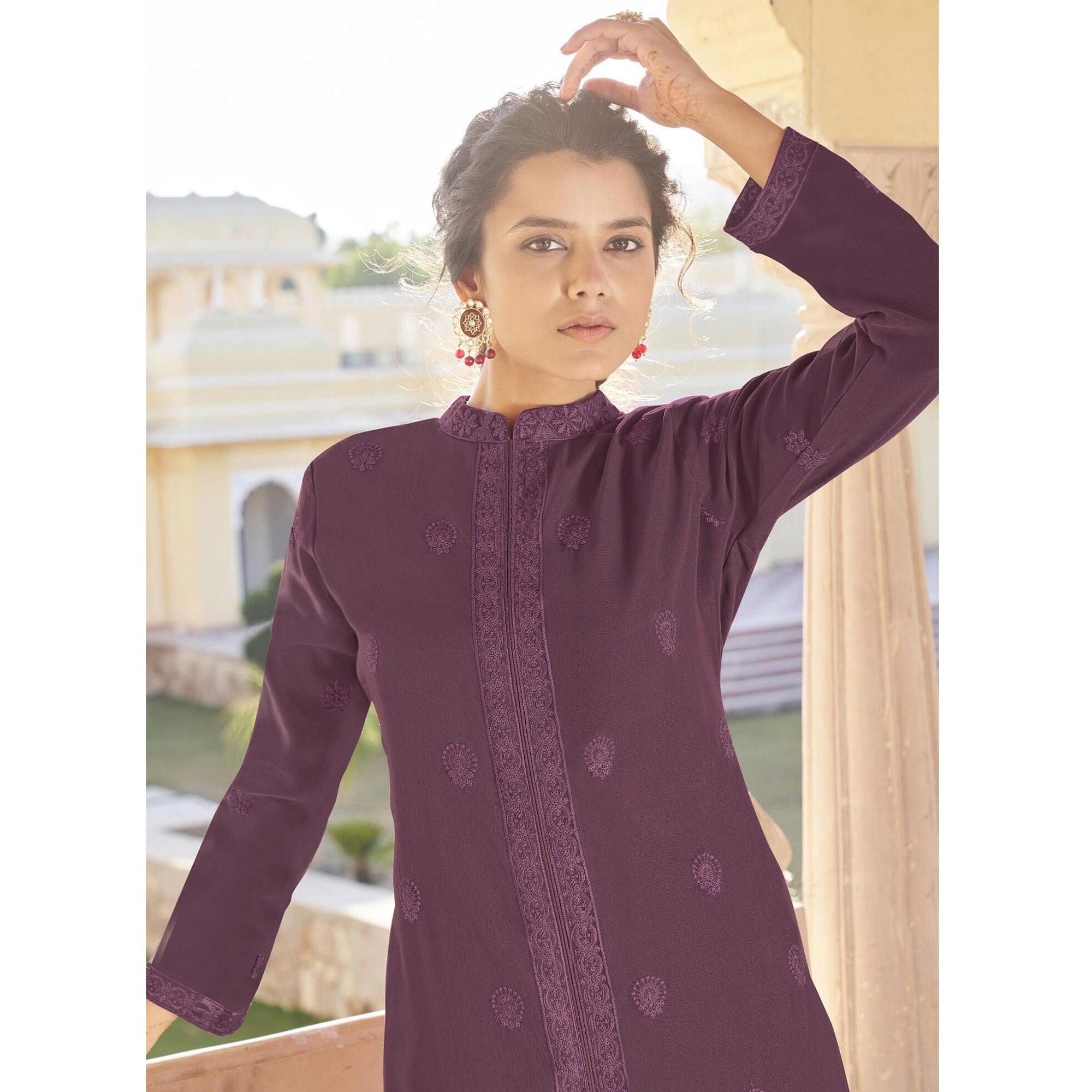 Purple Lucknowi Embroidered Georgette Kurti Palazzo Set - Peachmode