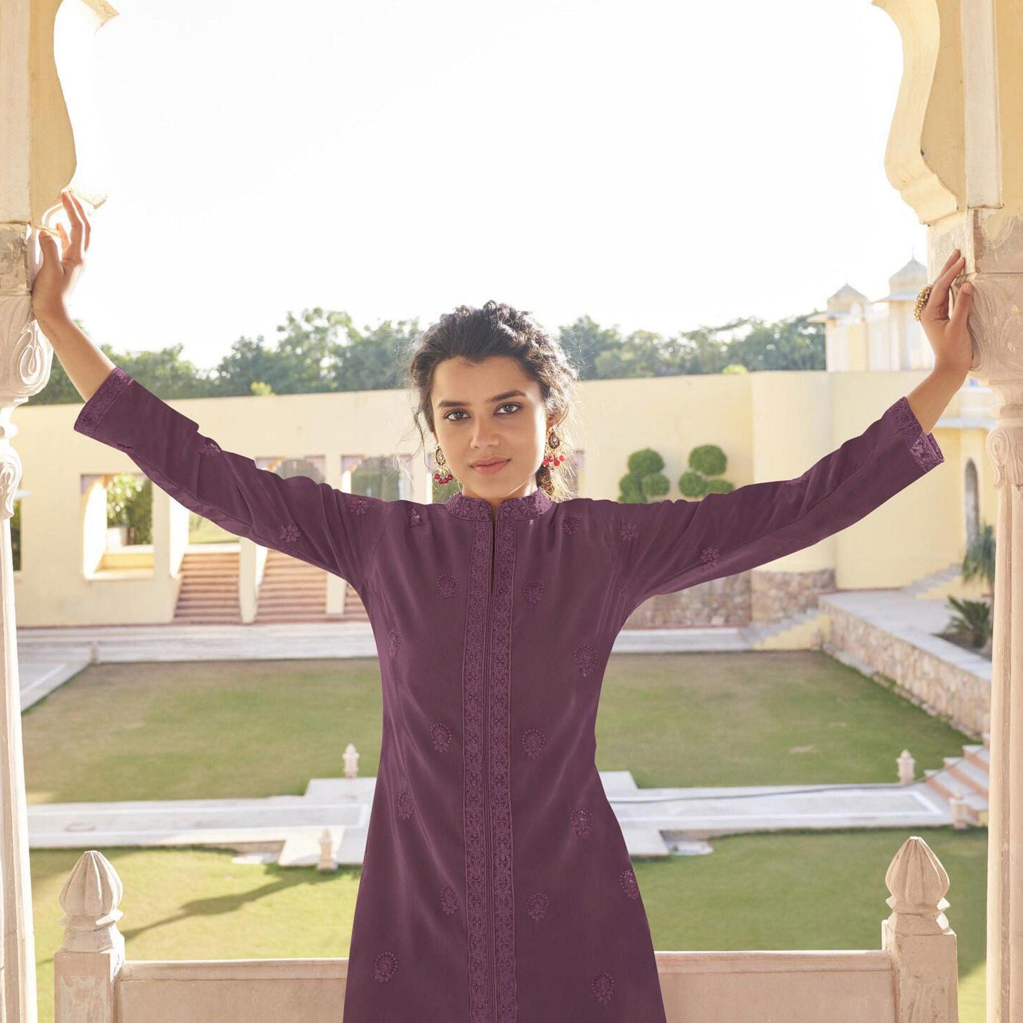 Purple Lucknowi Embroidered Georgette Kurti Palazzo Set - Peachmode