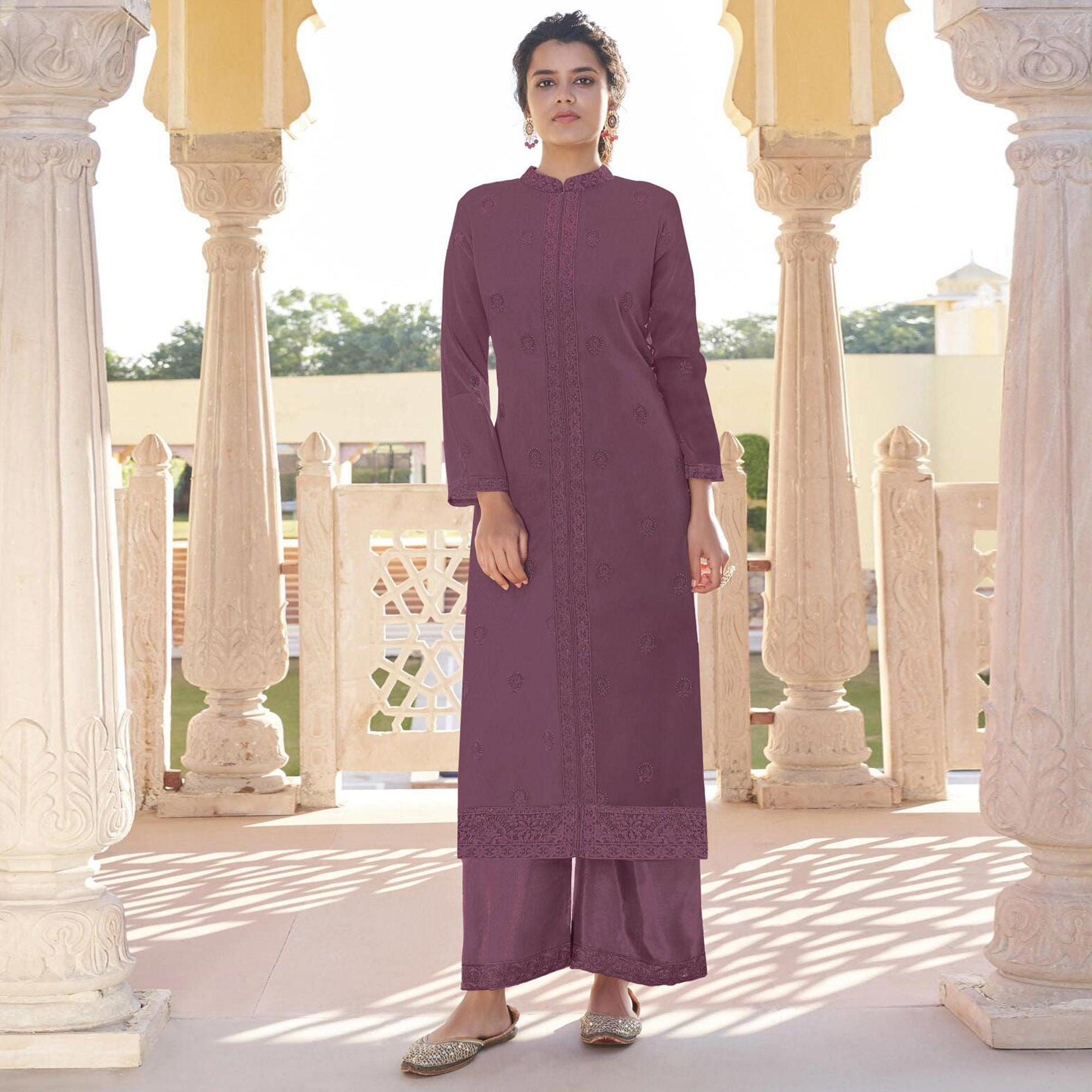 Purple Lucknowi Embroidered Georgette Kurti Palazzo Set - Peachmode