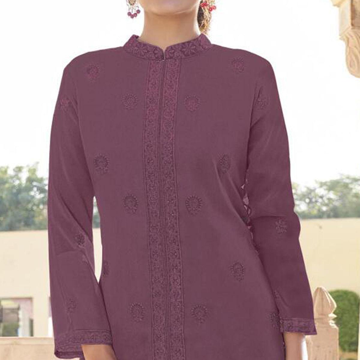 Purple Lucknowi Embroidered Georgette Kurti Palazzo Set - Peachmode