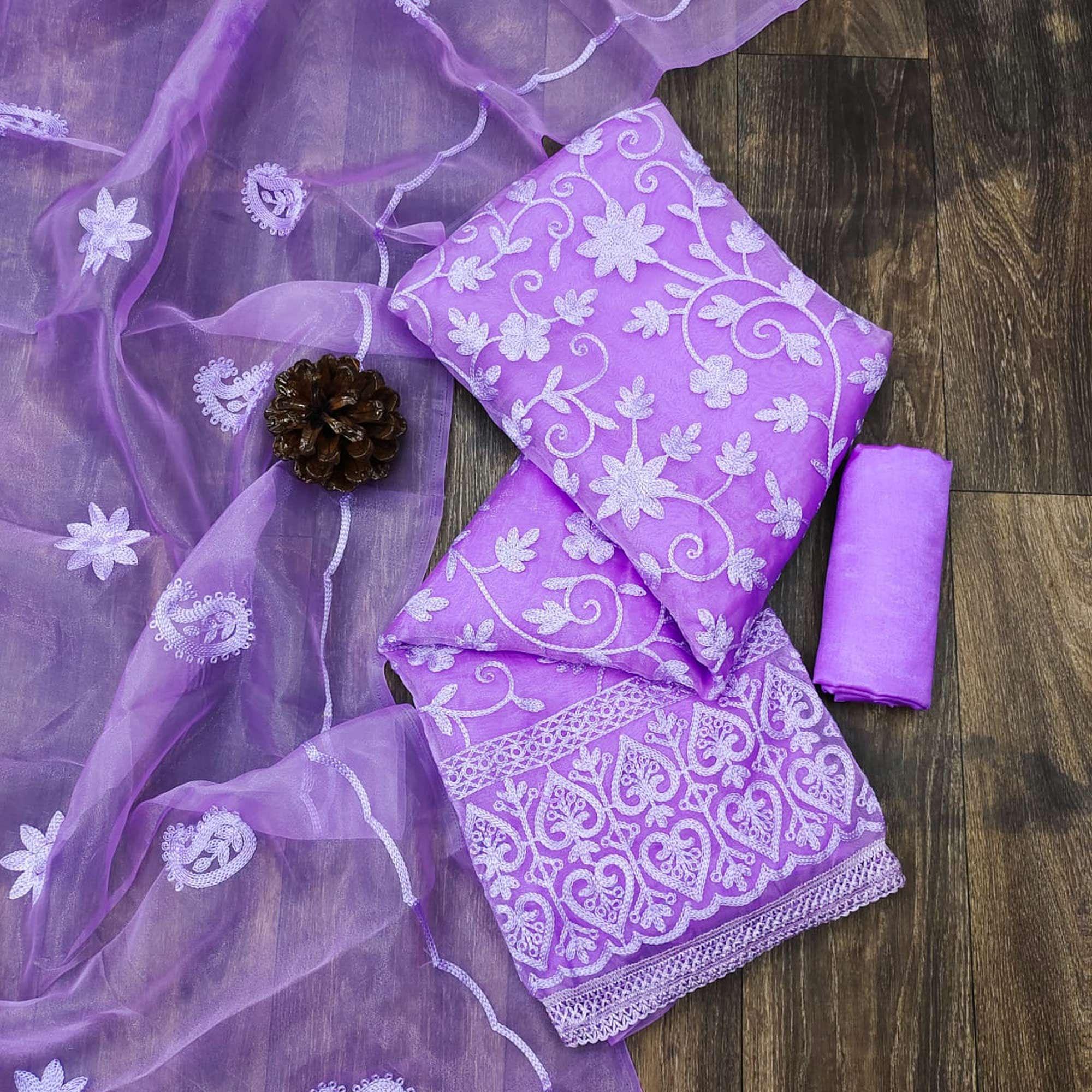 Purple Lucknowi Embroidered Organza Dress Material - Peachmode