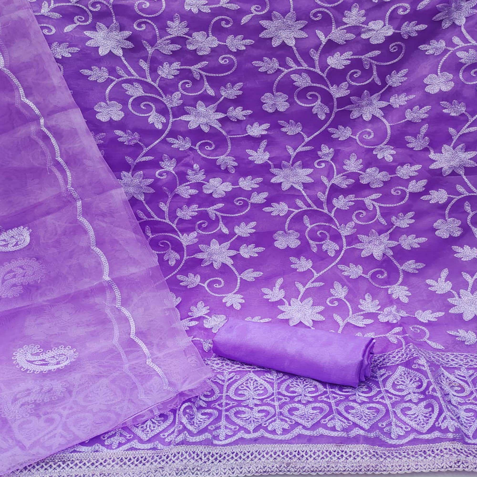 Purple Lucknowi Embroidered Organza Dress Material - Peachmode