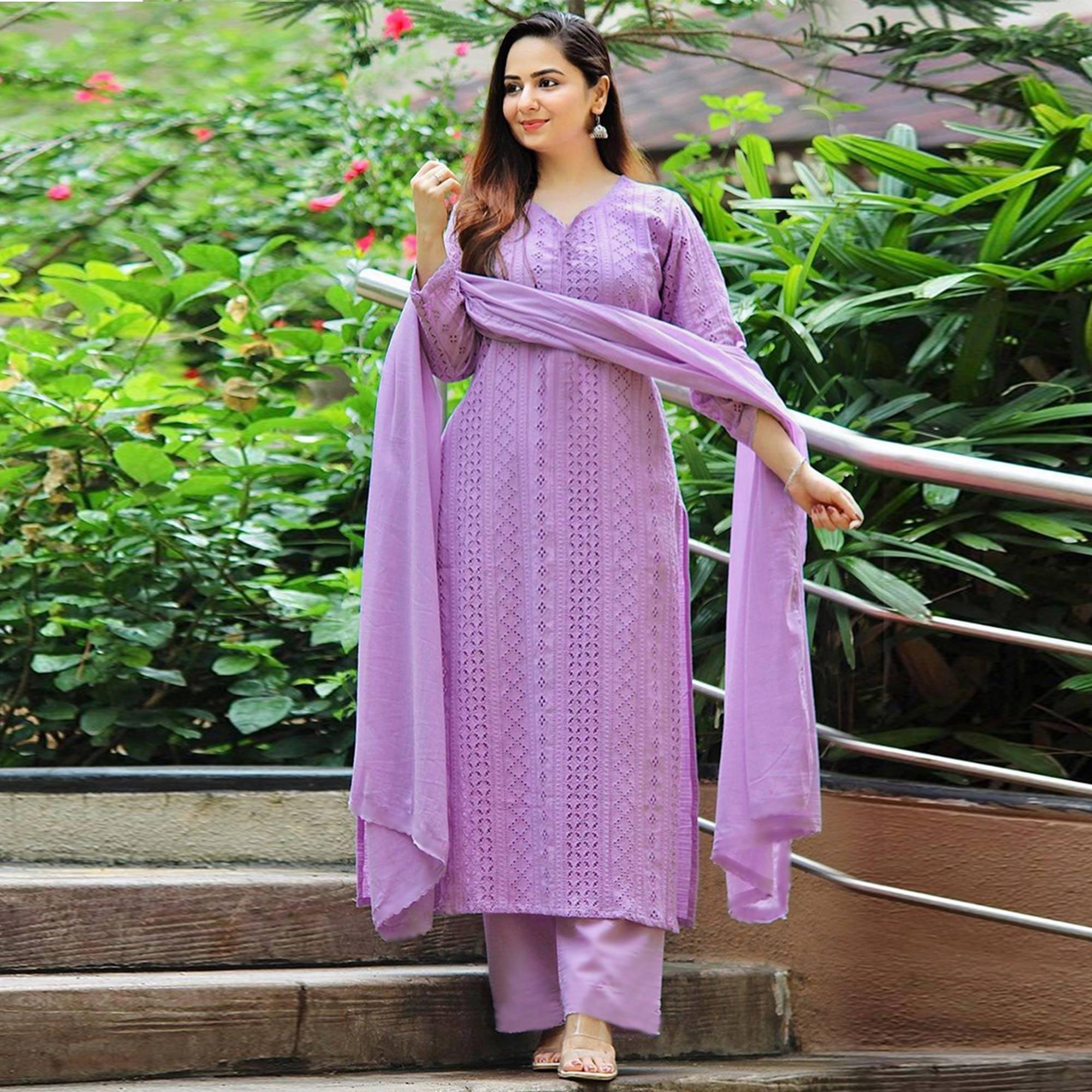 Purple Lucknowi Embroidered Rayon Suit - Peachmode