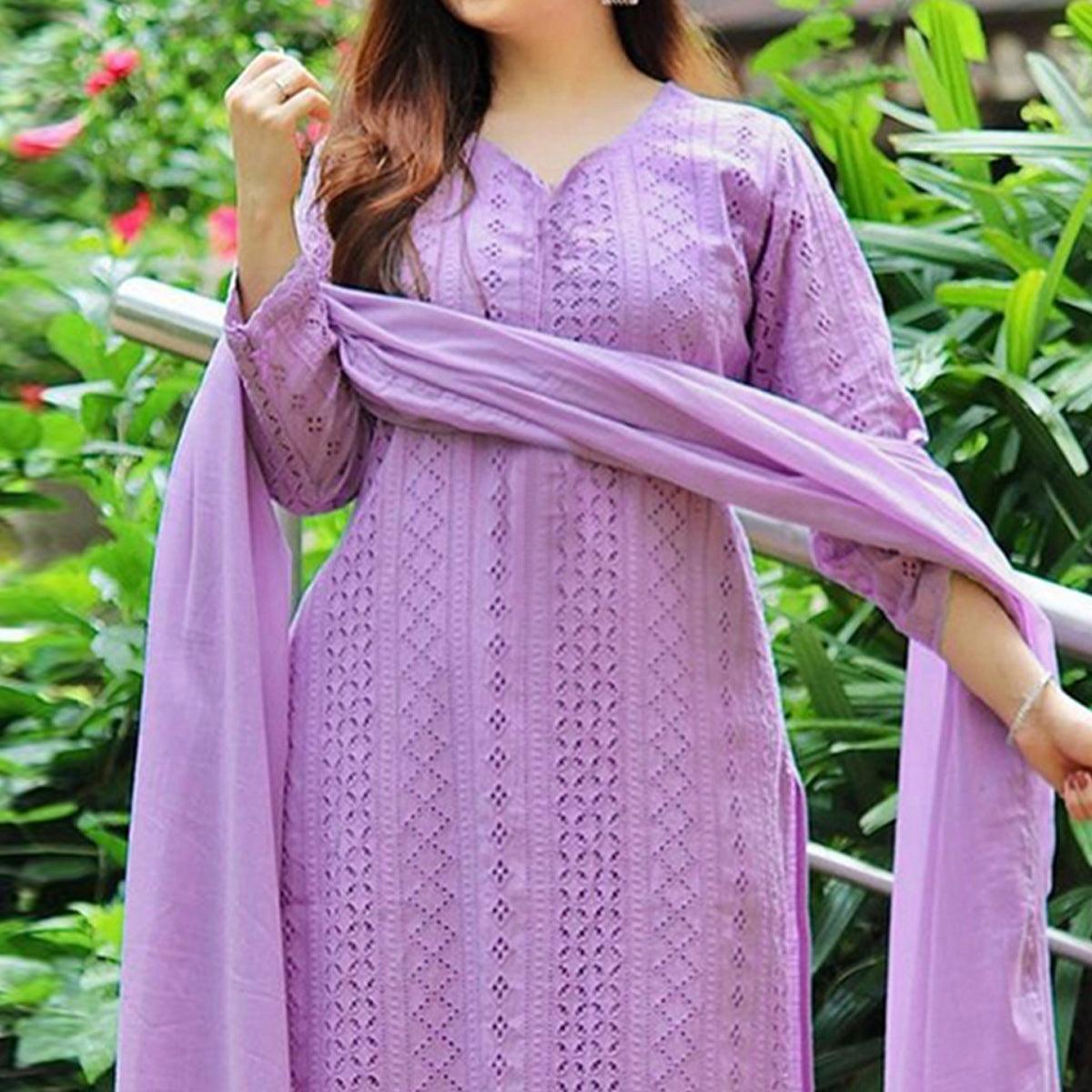 Purple Lucknowi Embroidered Rayon Suit - Peachmode