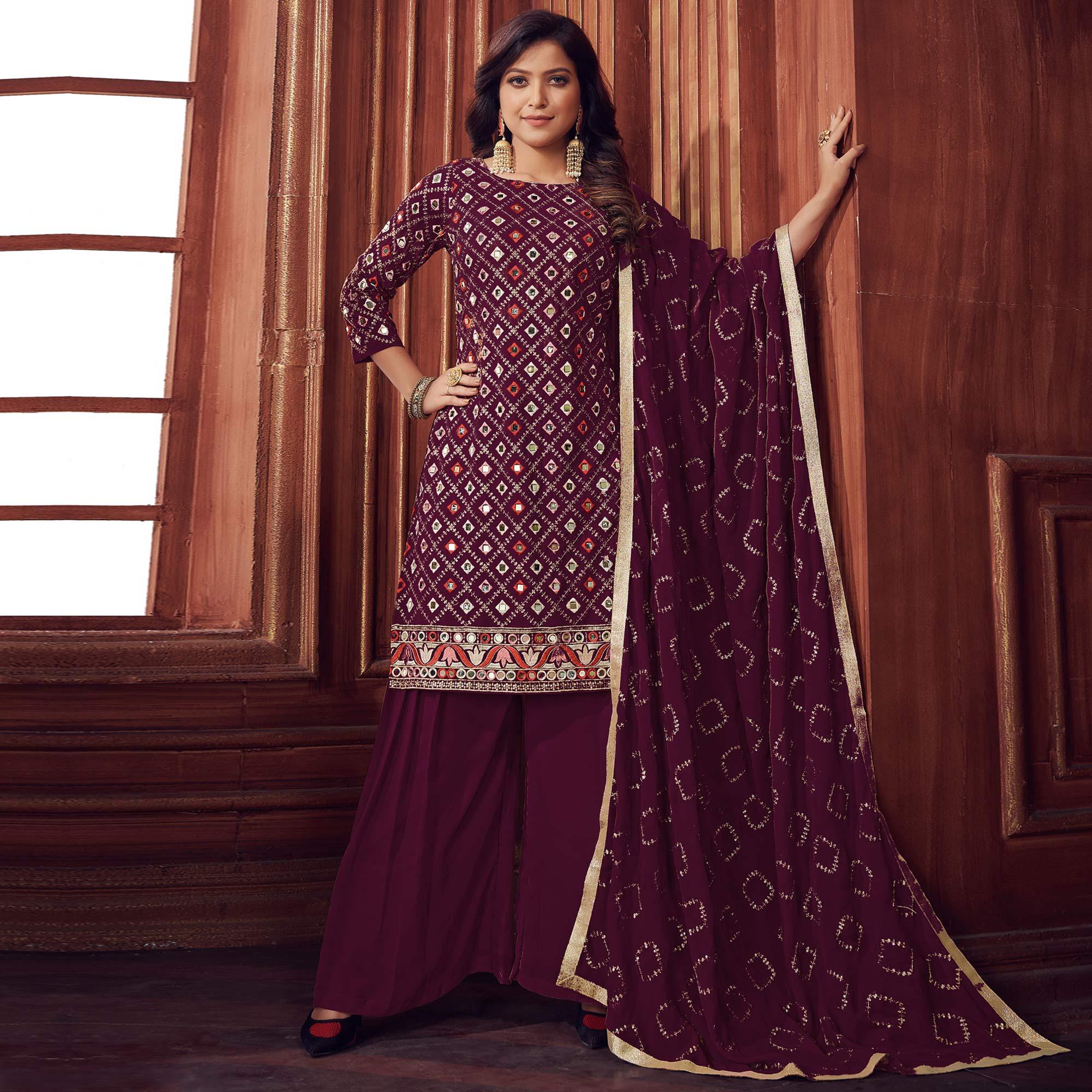 Purple Mirror & Sequence Embroidered Georgette Sharara Suit - Peachmode