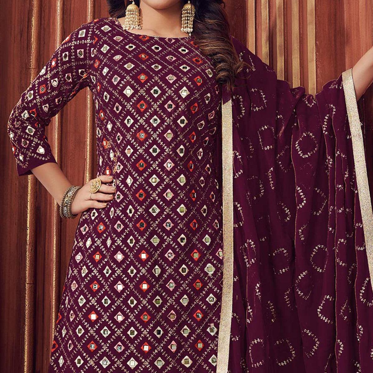 Purple Mirror & Sequence Embroidered Georgette Sharara Suit - Peachmode