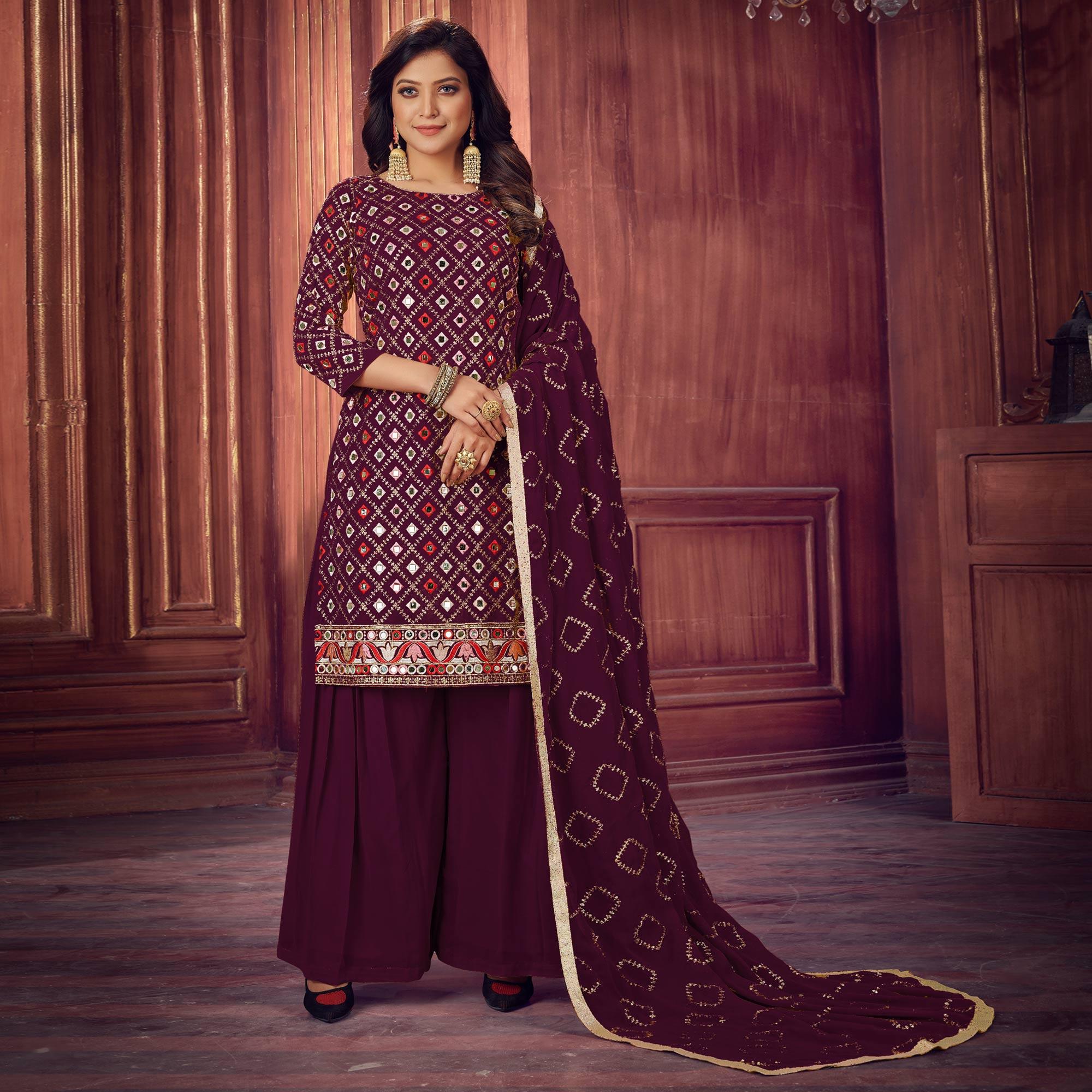 Purple Mirror & Sequence Embroidered Georgette Sharara Suit - Peachmode