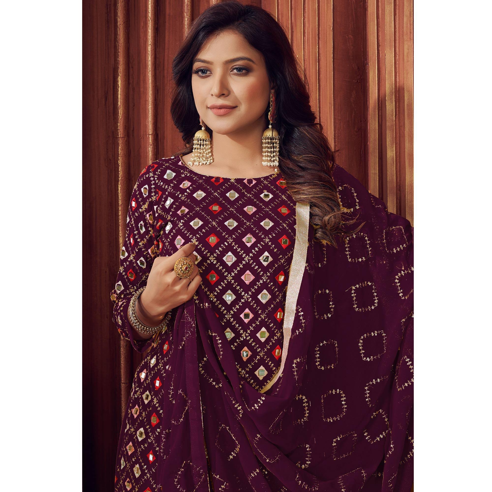 Purple Mirror & Sequence Embroidered Georgette Sharara Suit - Peachmode