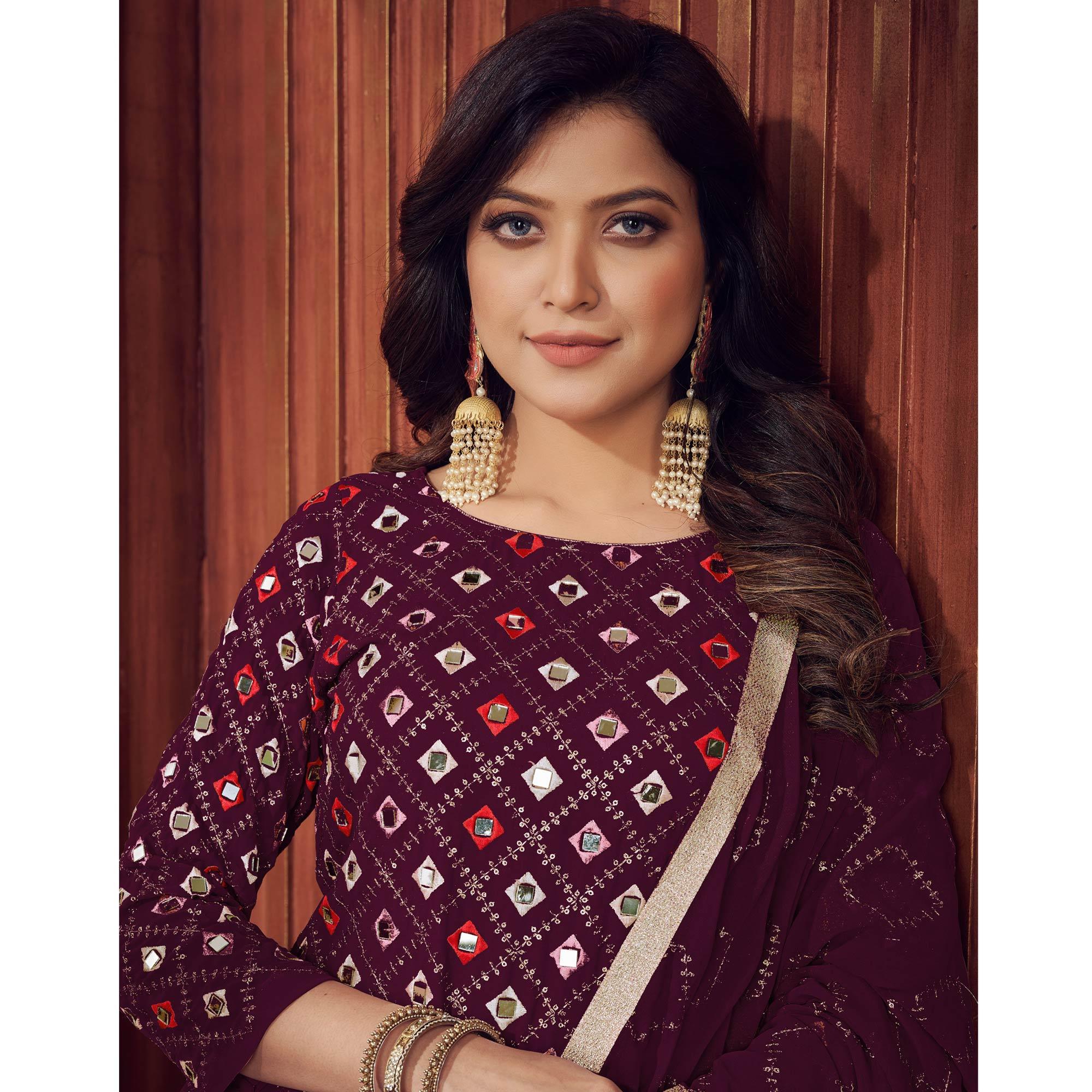 Purple Mirror & Sequence Embroidered Georgette Sharara Suit - Peachmode