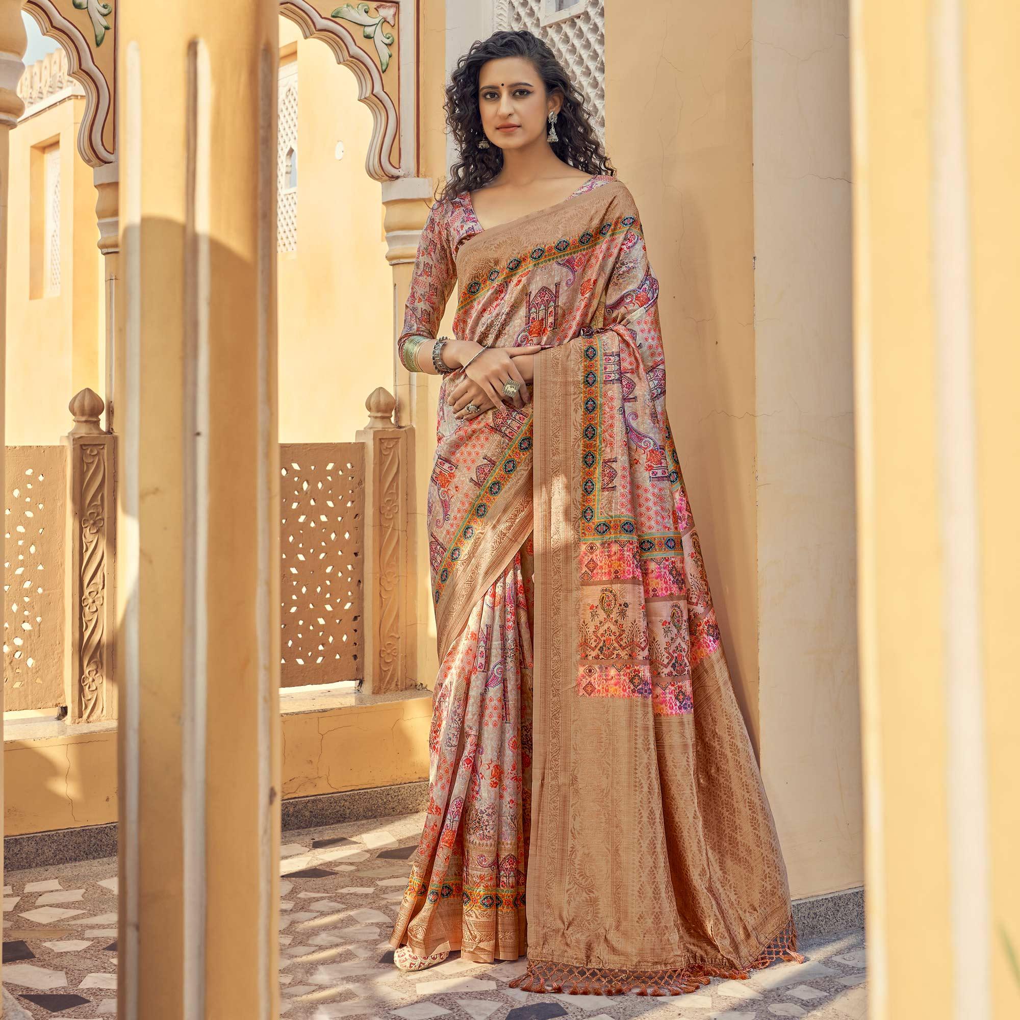 Purple Party Wear Digital Print Art Silk Saree With Tassels - Peachmode