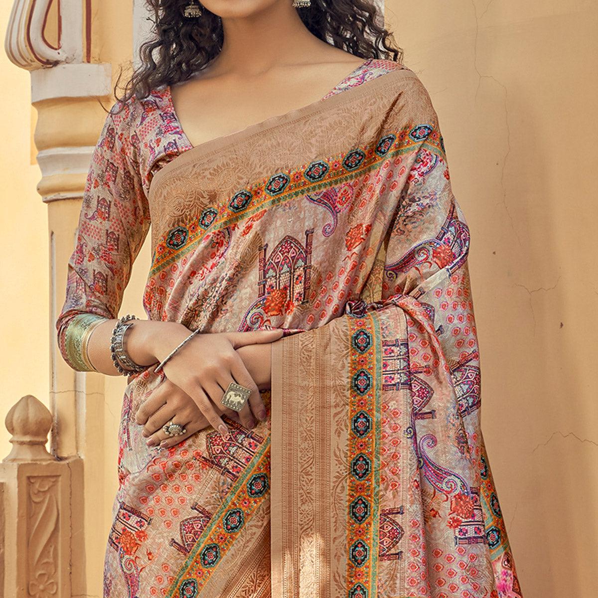 Purple Party Wear Digital Print Art Silk Saree With Tassels - Peachmode
