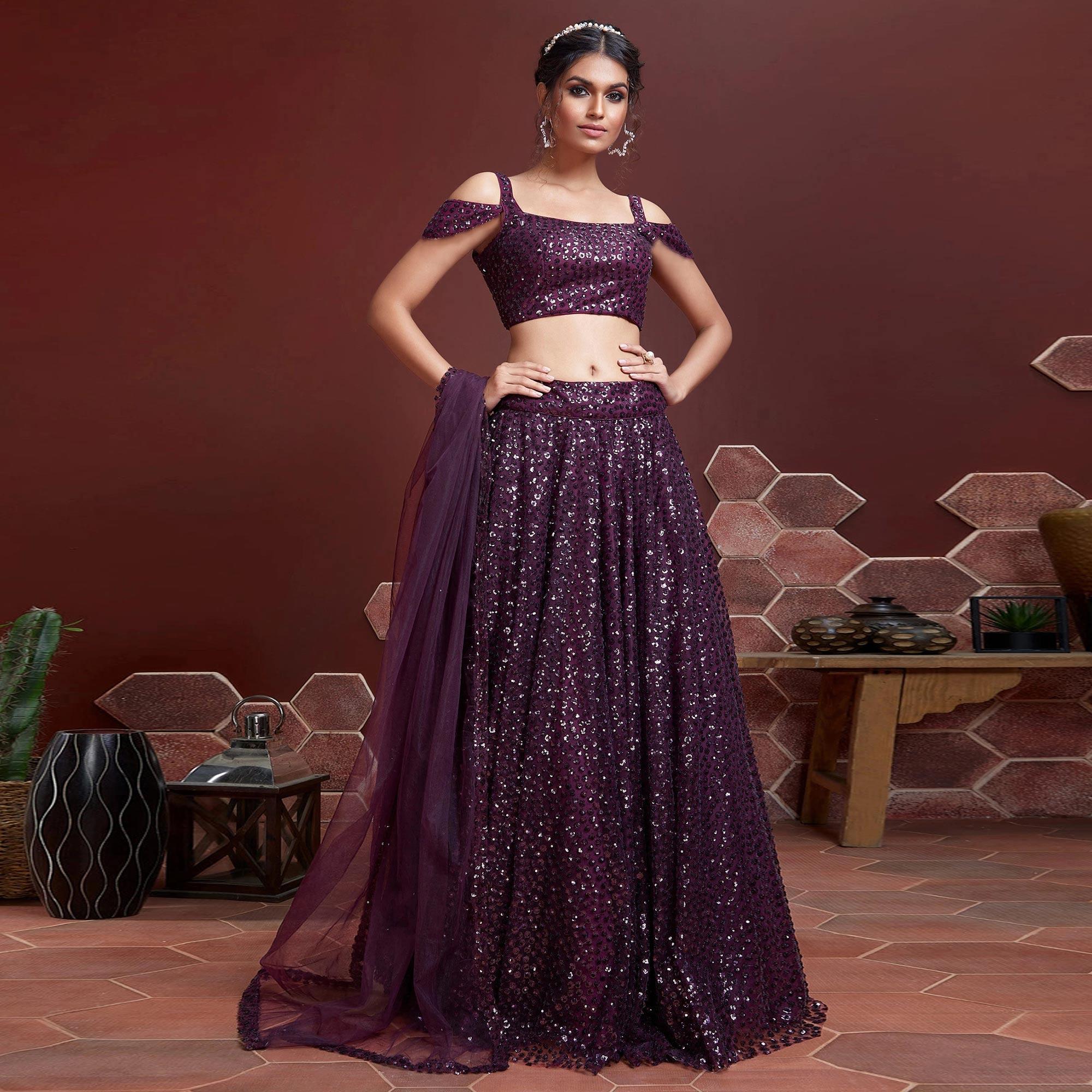 Purple Party Wear Embroidered & embellished Netted Lehenga Choli - Peachmode