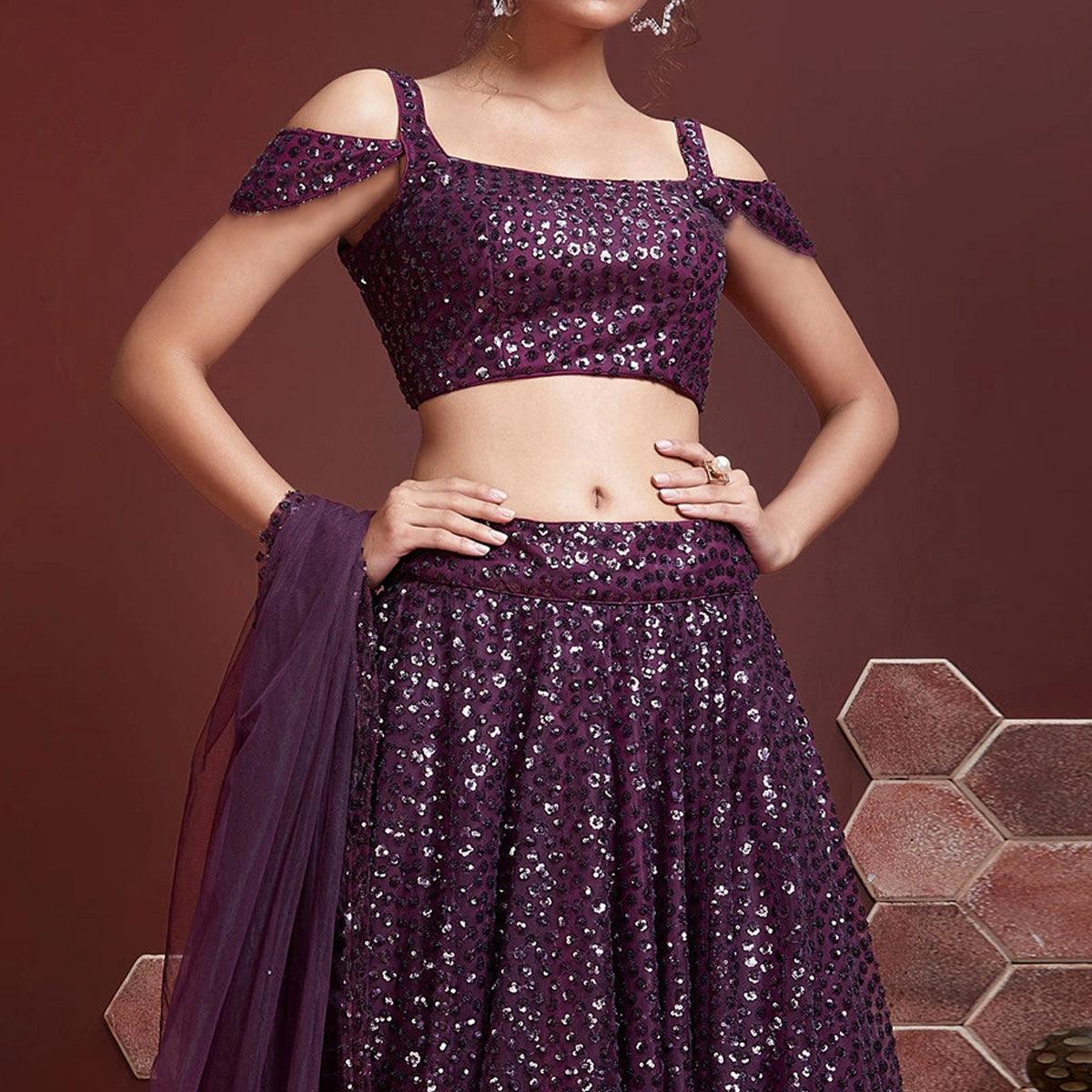 Purple Party Wear Embroidered & embellished Netted Lehenga Choli - Peachmode