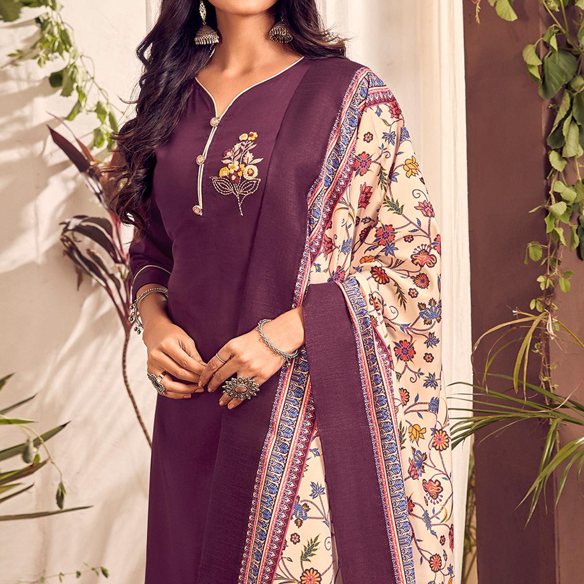 Purple Party Wear Embroidered Cotton Kurti Pant Set With Dupatta - Peachmode