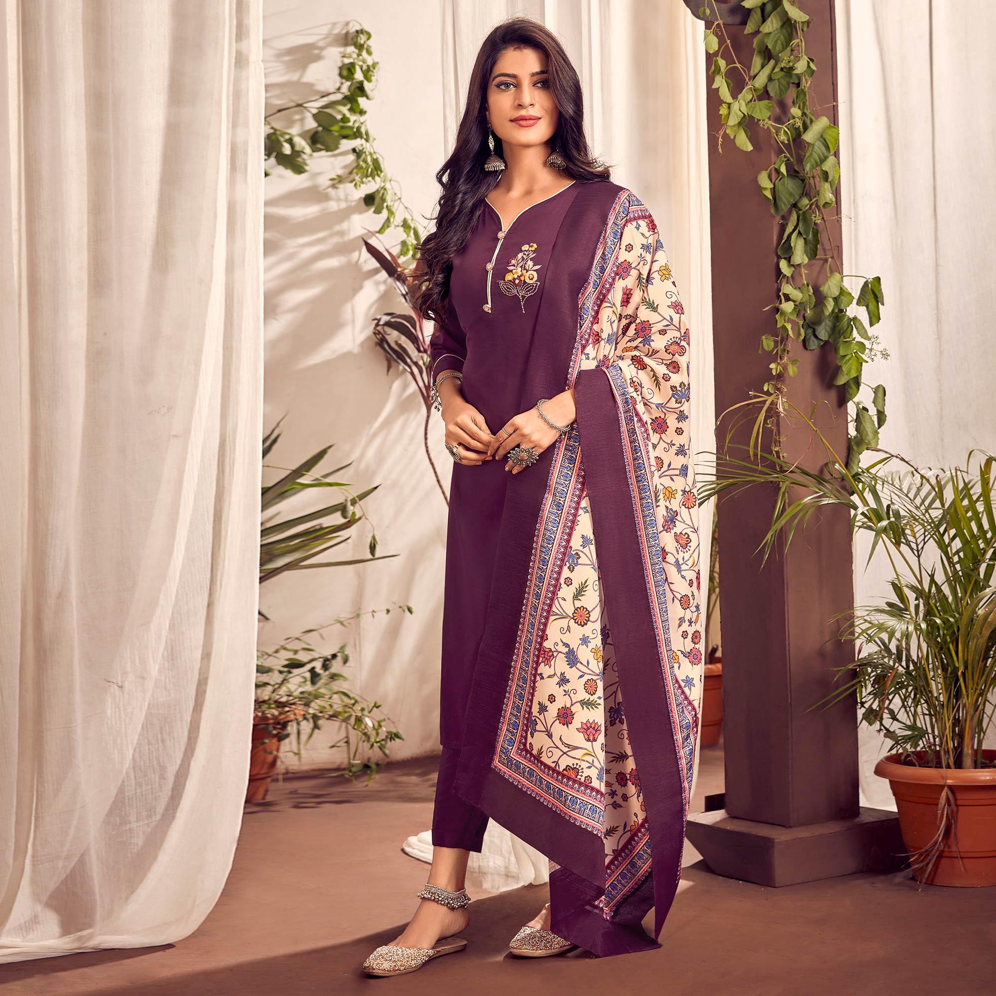 Purple Party Wear Embroidered Cotton Kurti Pant Set With Dupatta - Peachmode