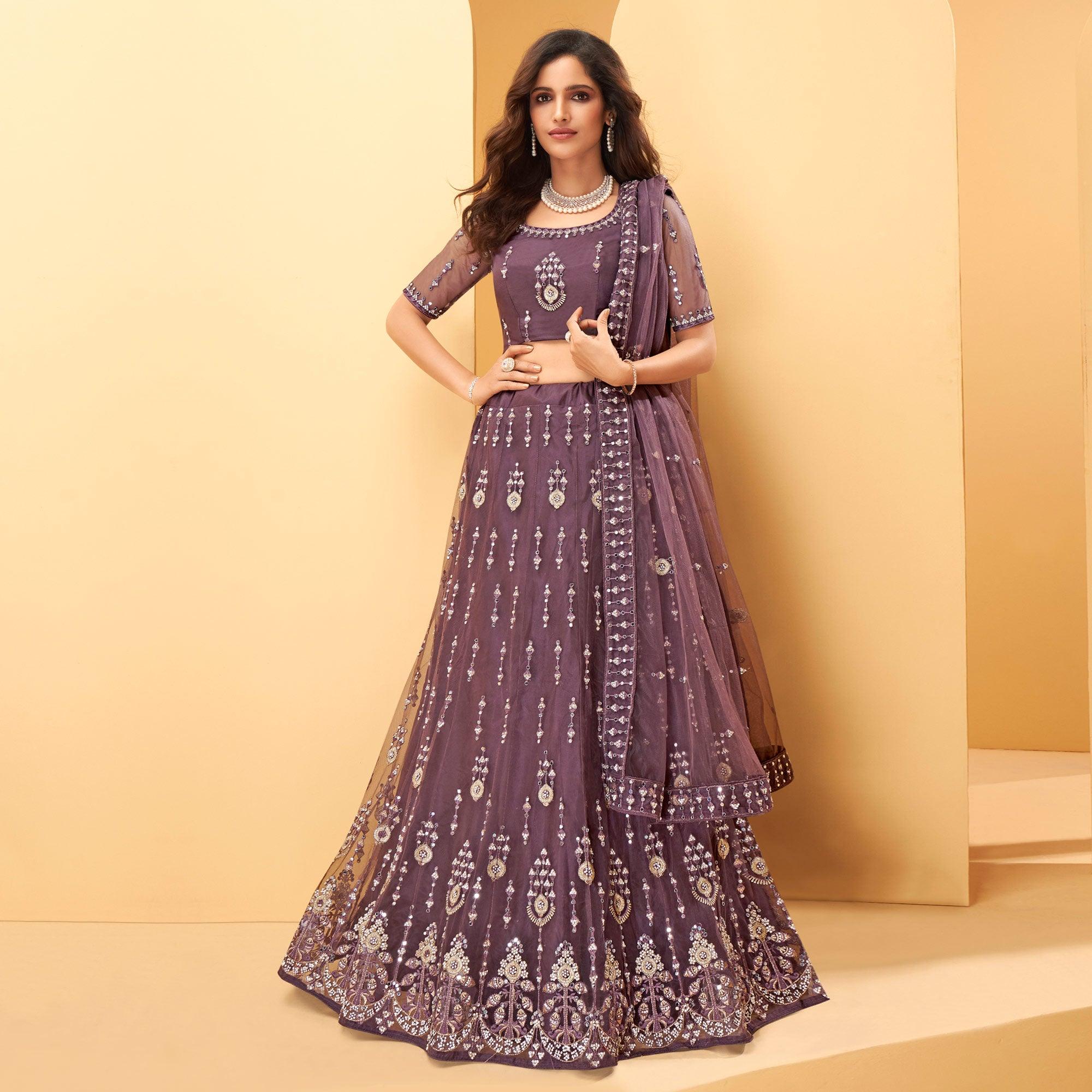 Purple Party Wear Embroidered-Embellished Netted Lehenga Choli - Peachmode