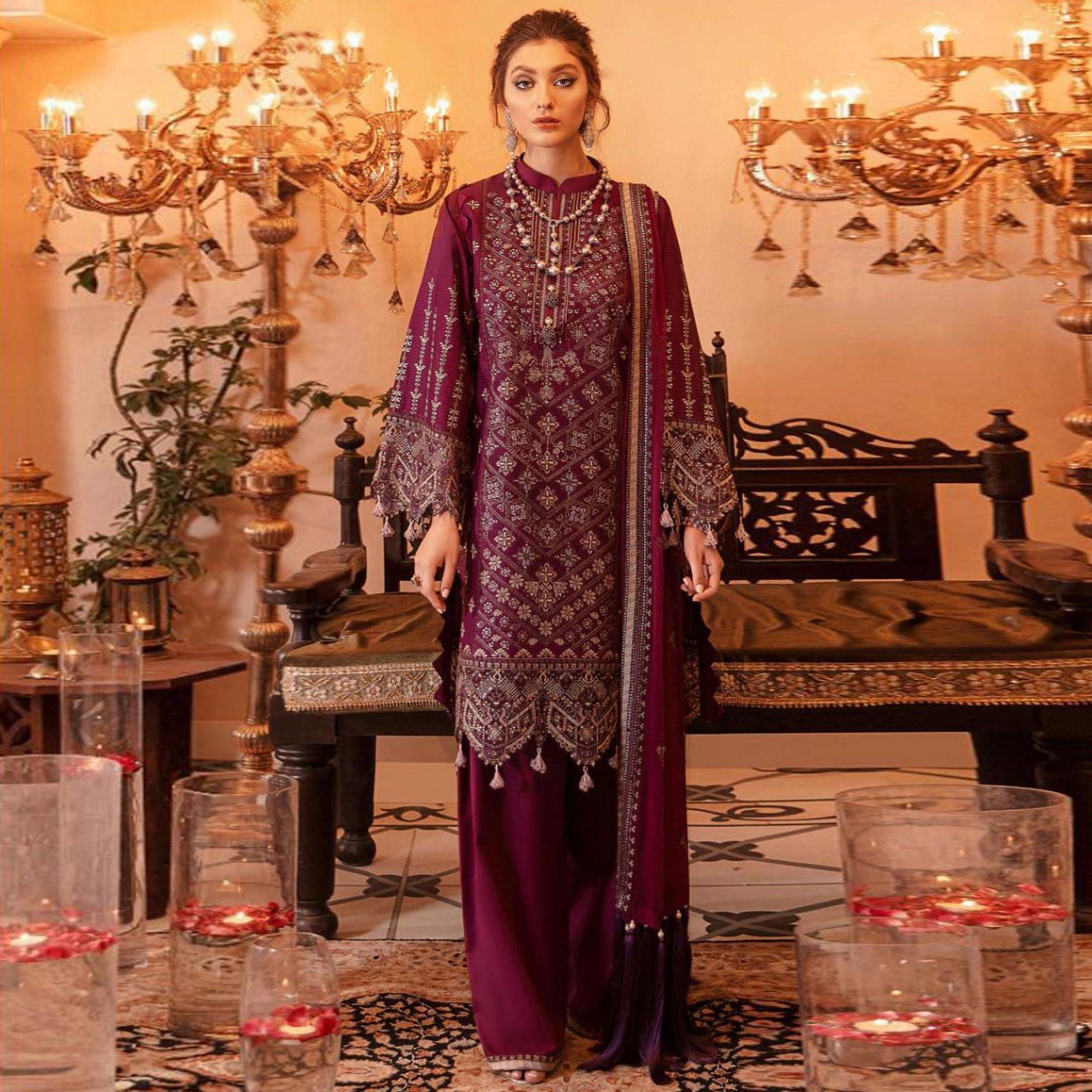 Purple Party Wear Embroidered Georgette Pakistani Suit - Peachmode