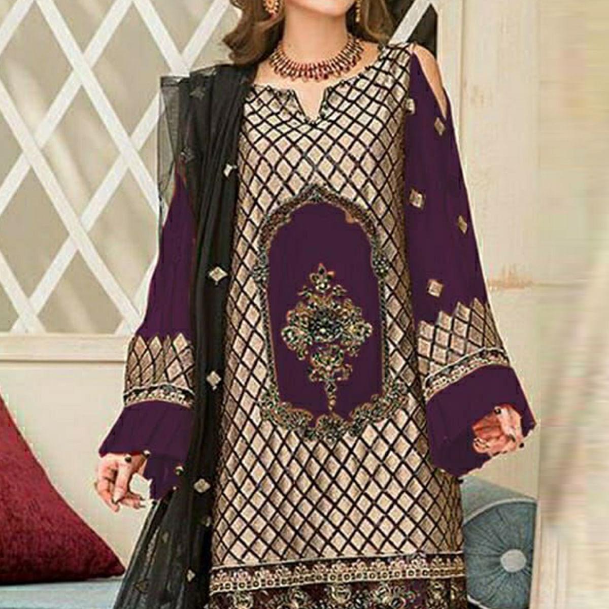 Purple Party Wear Embroidered Georgette Pakistani Suit - Peachmode
