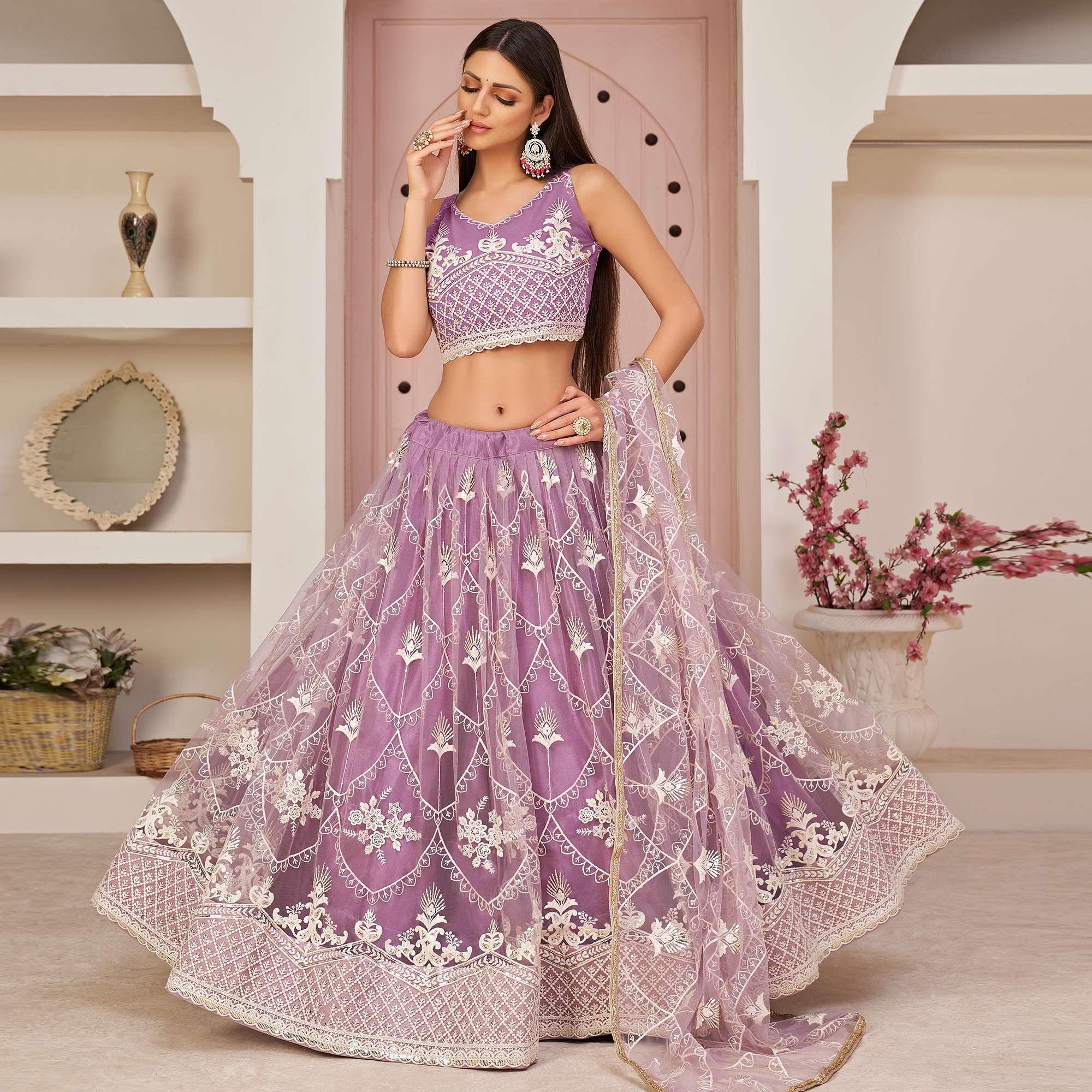 Purple Party Wear Embroidered Netted Lehenga Choli - Peachmode