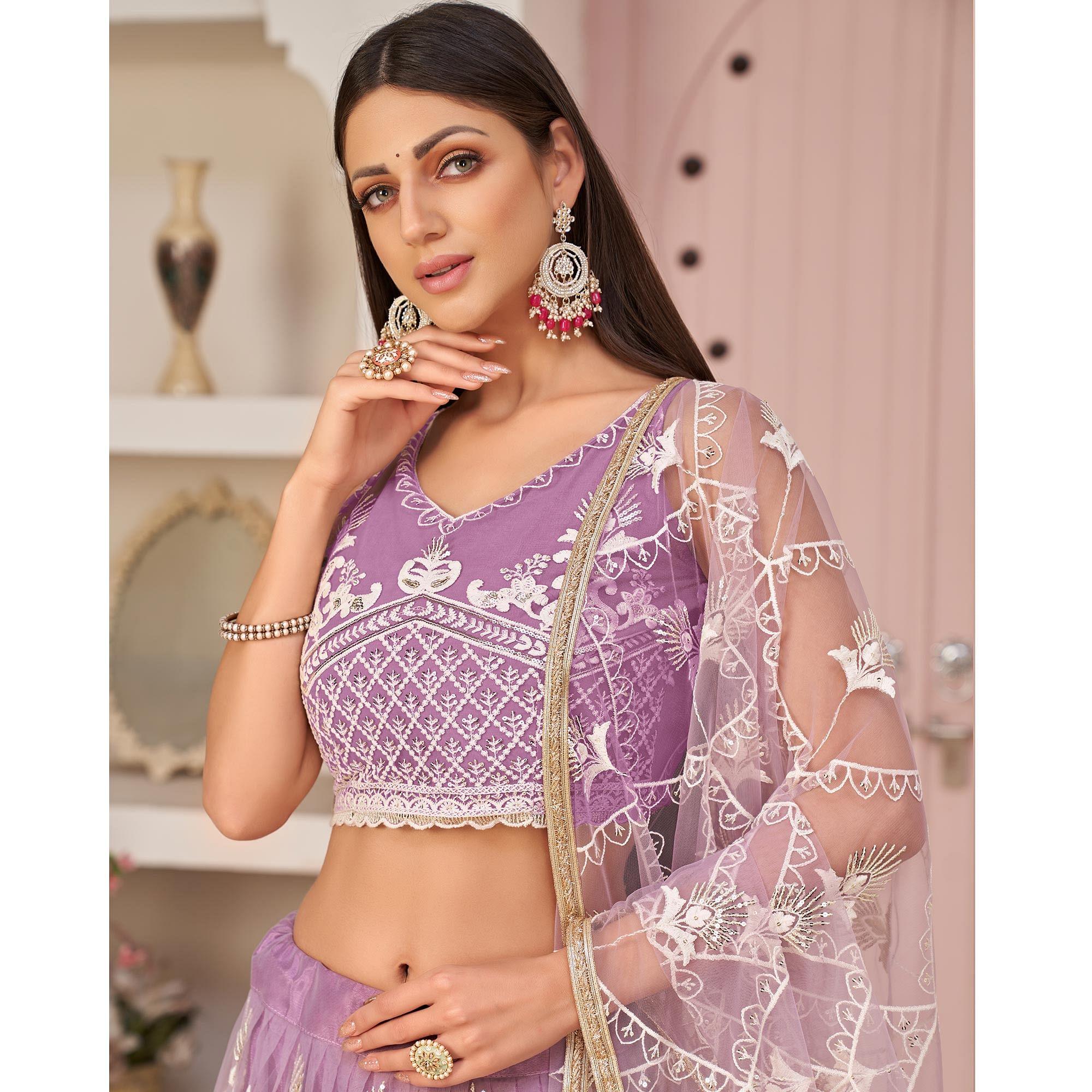 Purple Party Wear Embroidered Netted Lehenga Choli - Peachmode