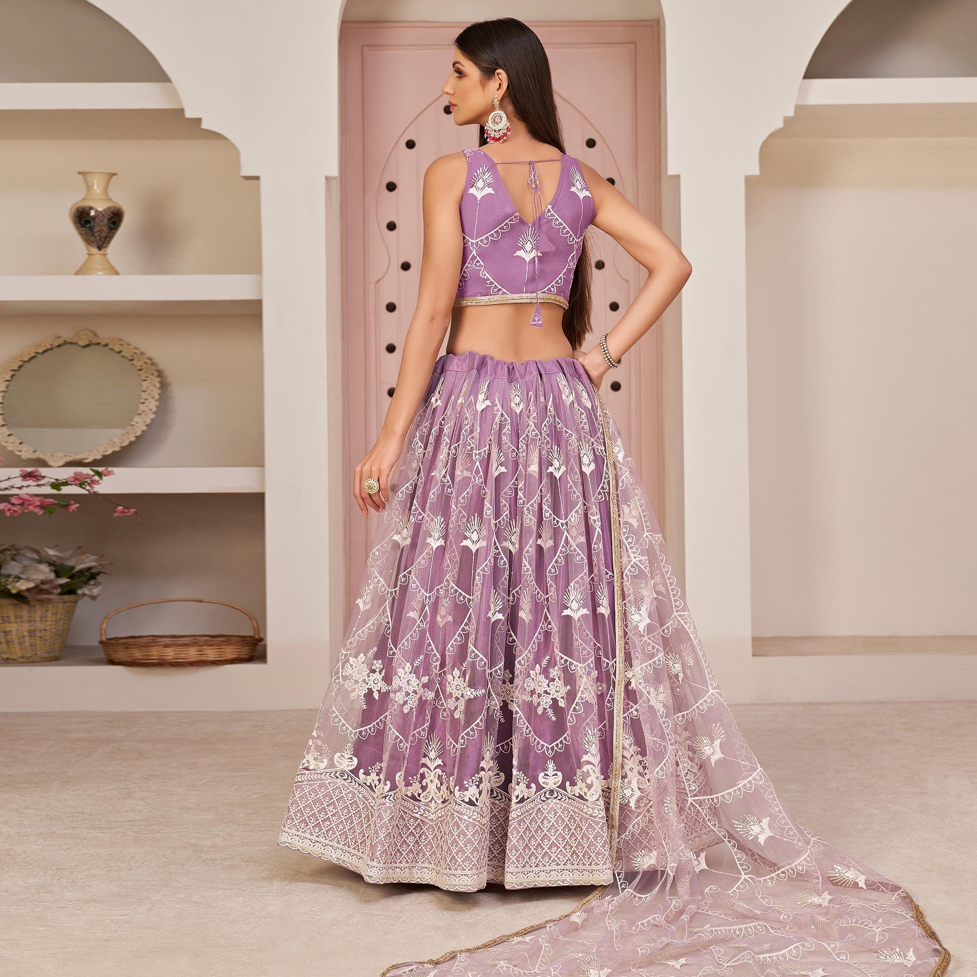 Purple Party Wear Embroidered Netted Lehenga Choli - Peachmode