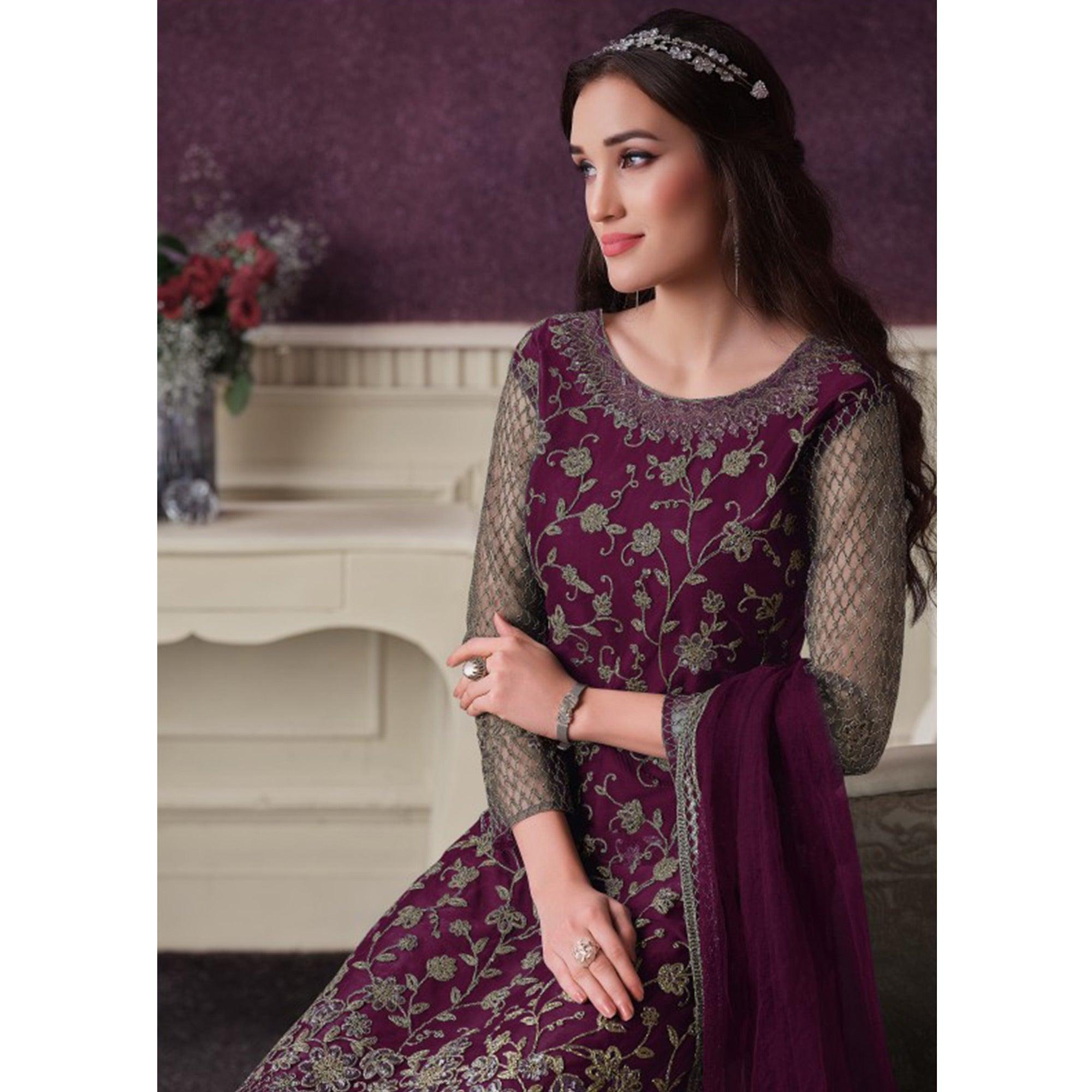 Purple Party Wear Embroidered Netted Palazzo Suit - Peachmode