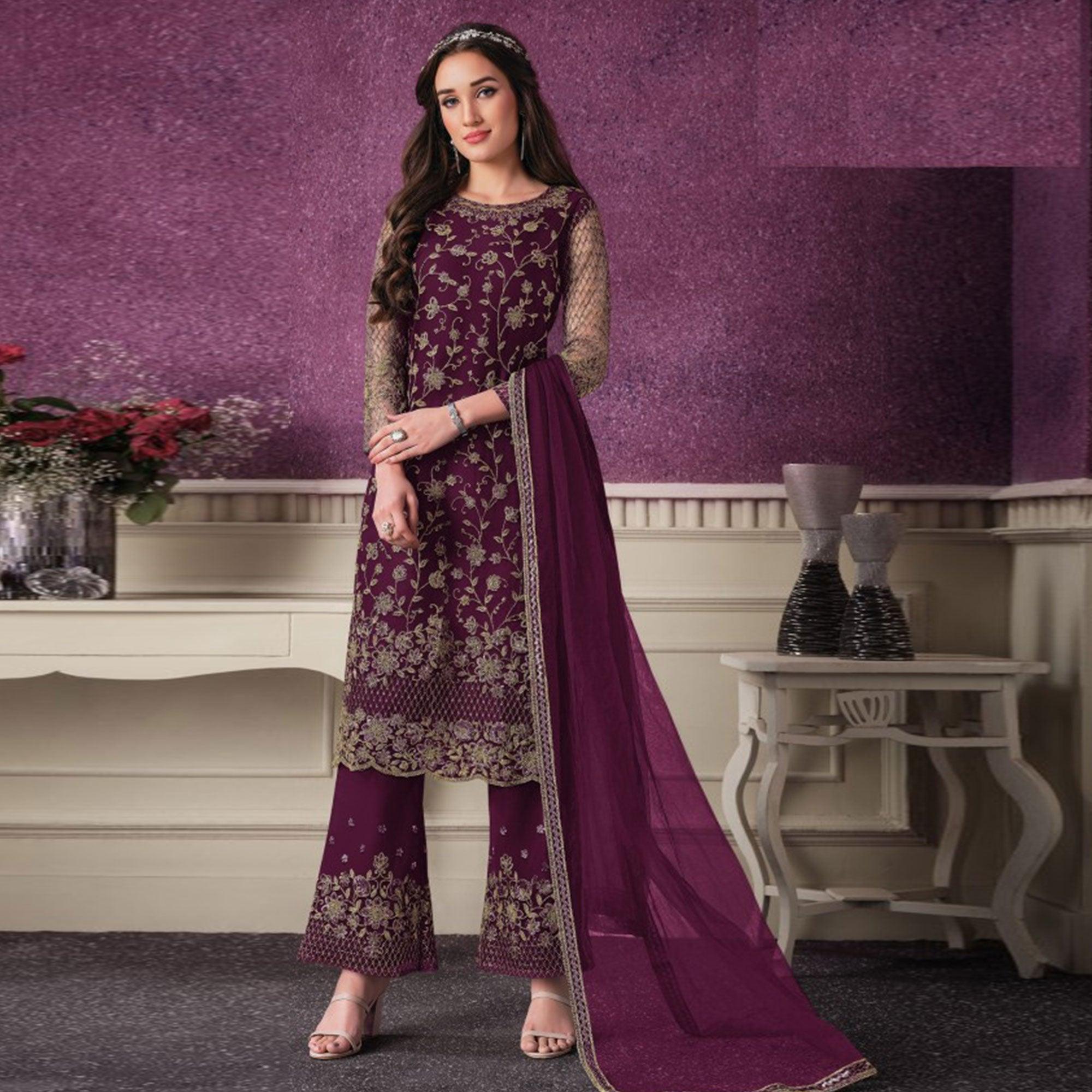 Purple Party Wear Embroidered Netted Palazzo Suit - Peachmode