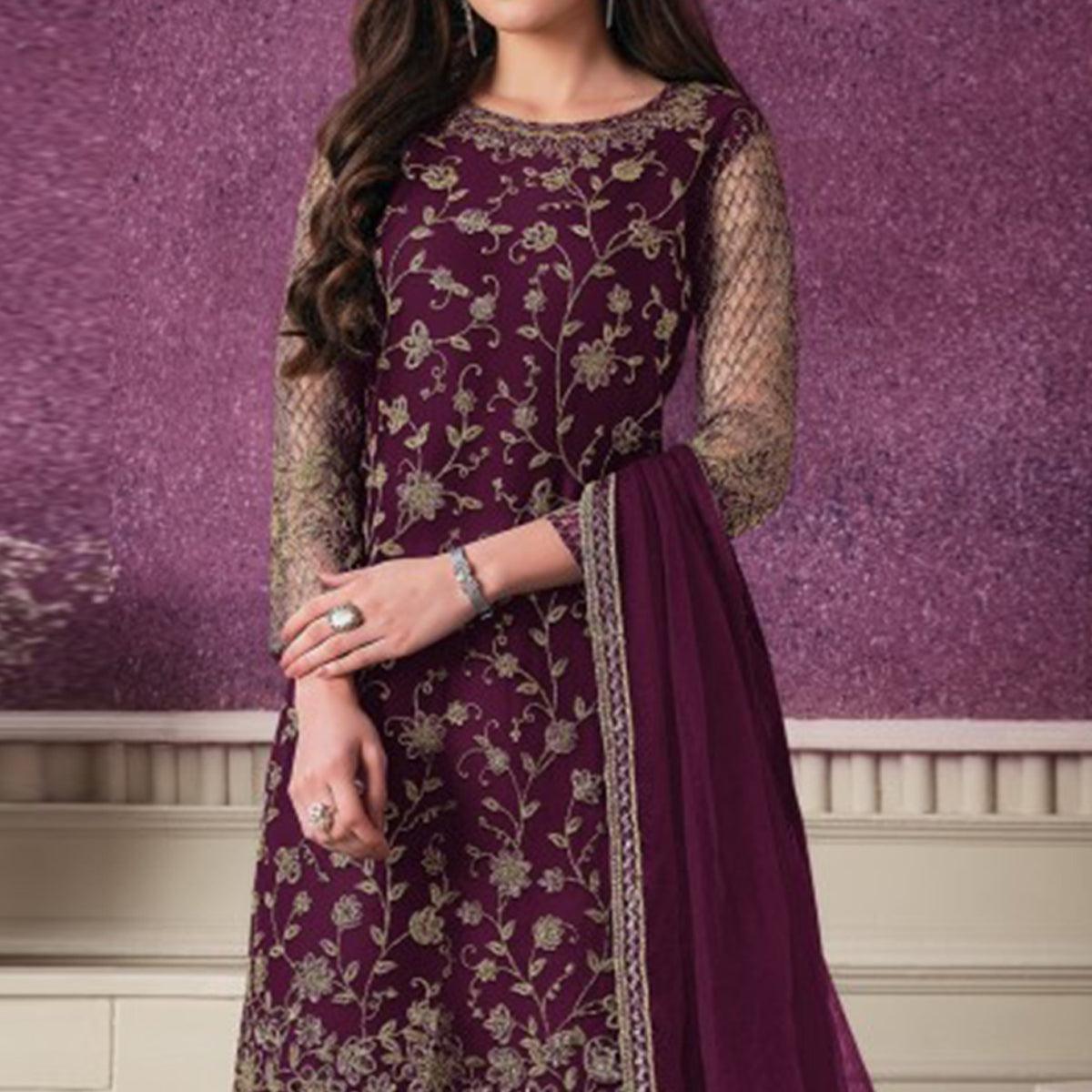 Purple Party Wear Embroidered Netted Palazzo Suit - Peachmode