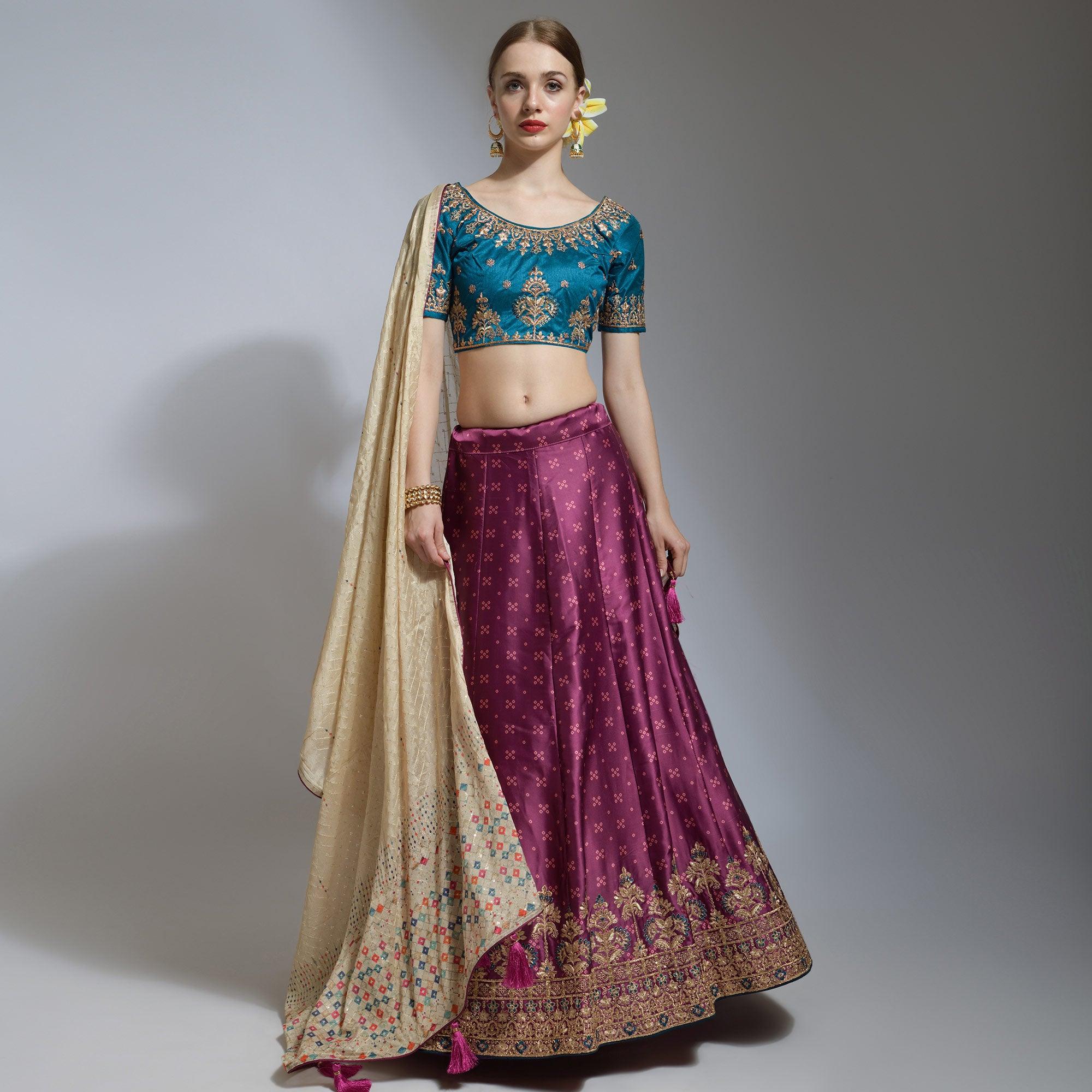 Purple Party Wear Embroidered Satin Lehenga Choli - Peachmode