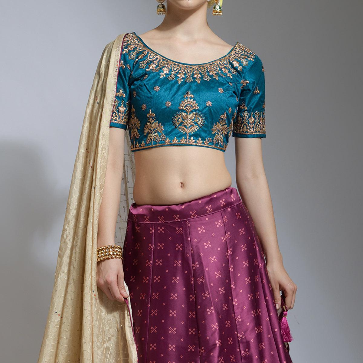 Purple Party Wear Embroidered Satin Lehenga Choli - Peachmode