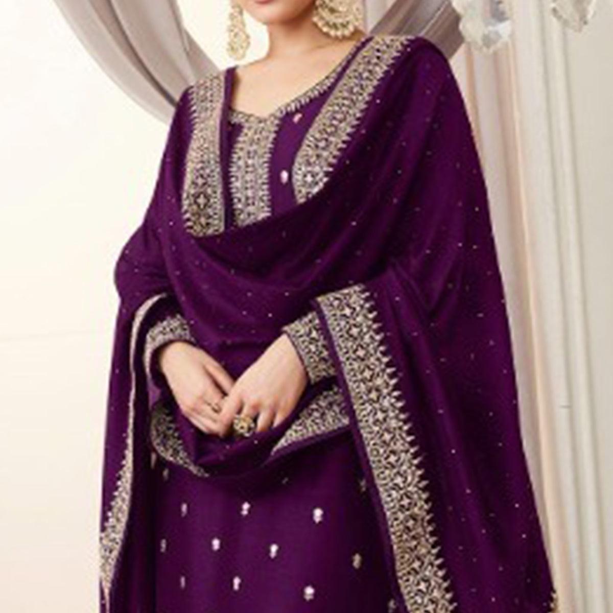 Purple Party Wear Embroidered Silk Georgette Palazzo Suit - Peachmode