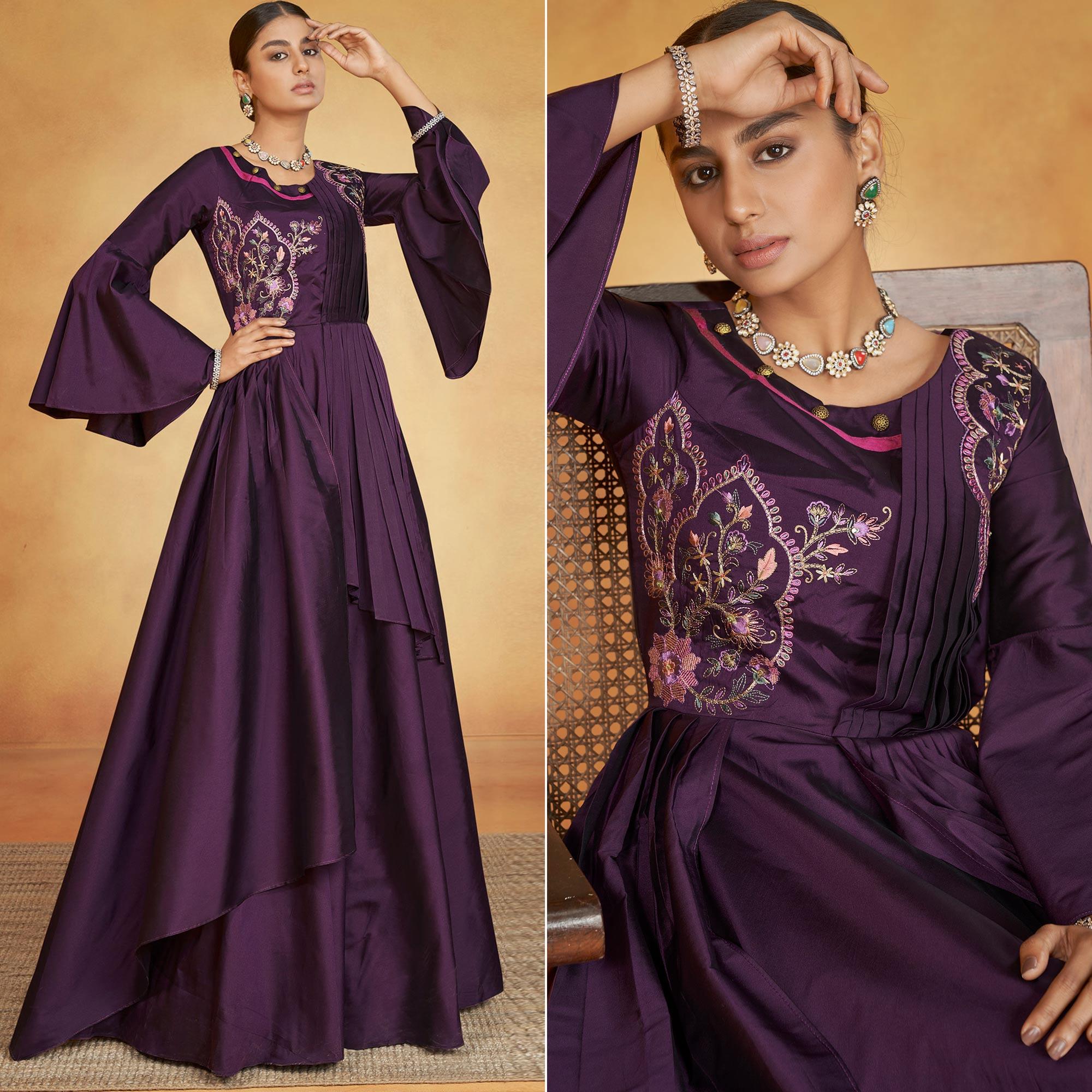 Purple Party Wear Embroidered Tapetta Gown - Peachmode