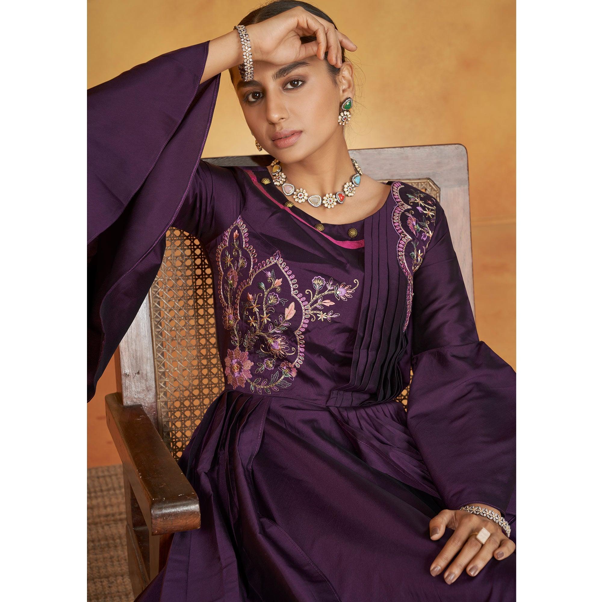 Purple Party Wear Embroidered Tapetta Gown - Peachmode