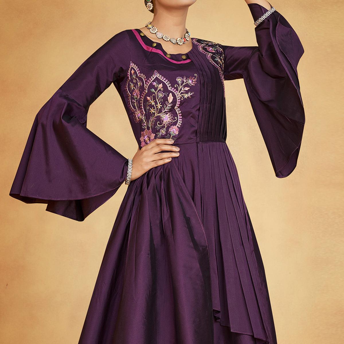 Purple Party Wear Embroidered Tapetta Gown - Peachmode