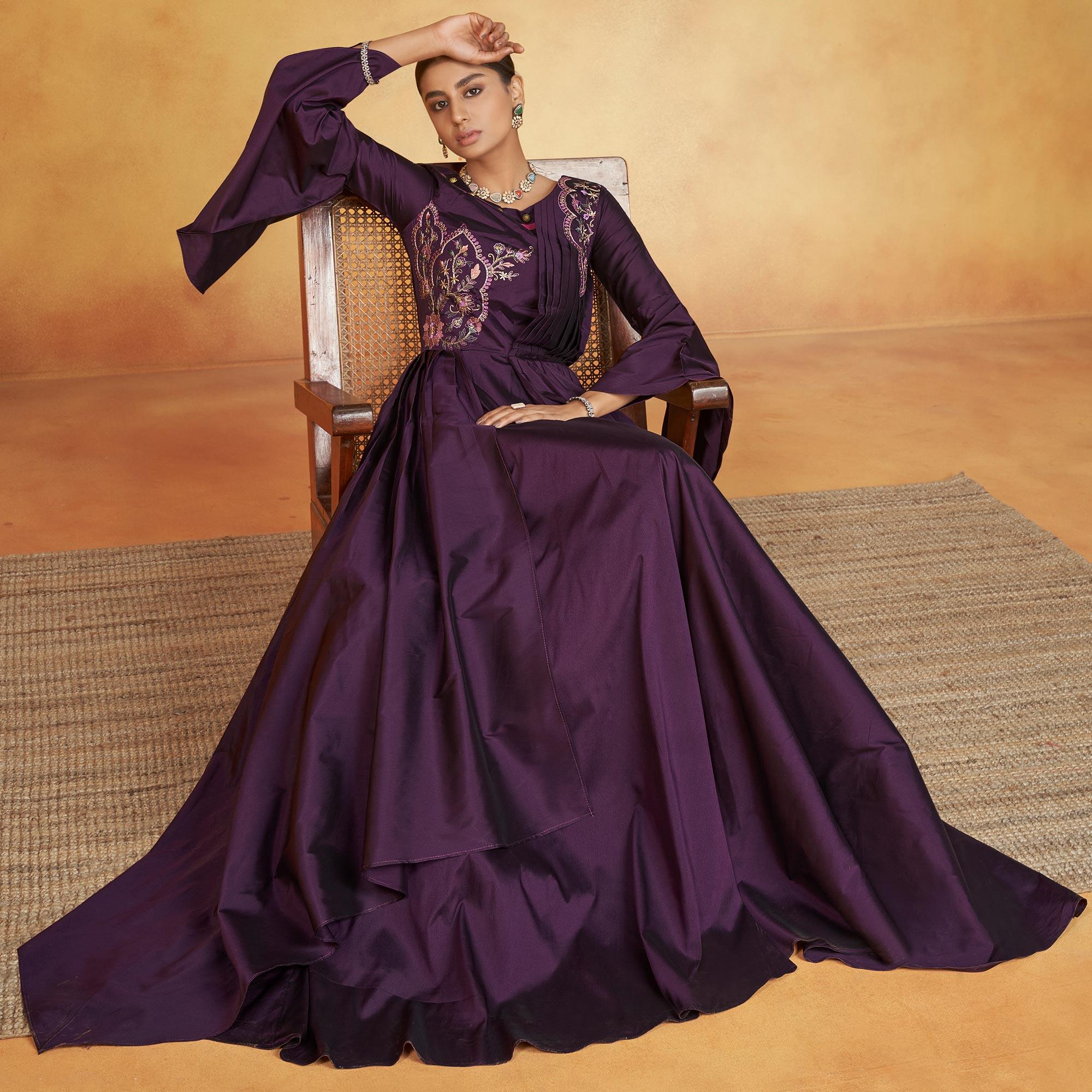 Purple Party Wear Embroidered Tapetta Gown - Peachmode